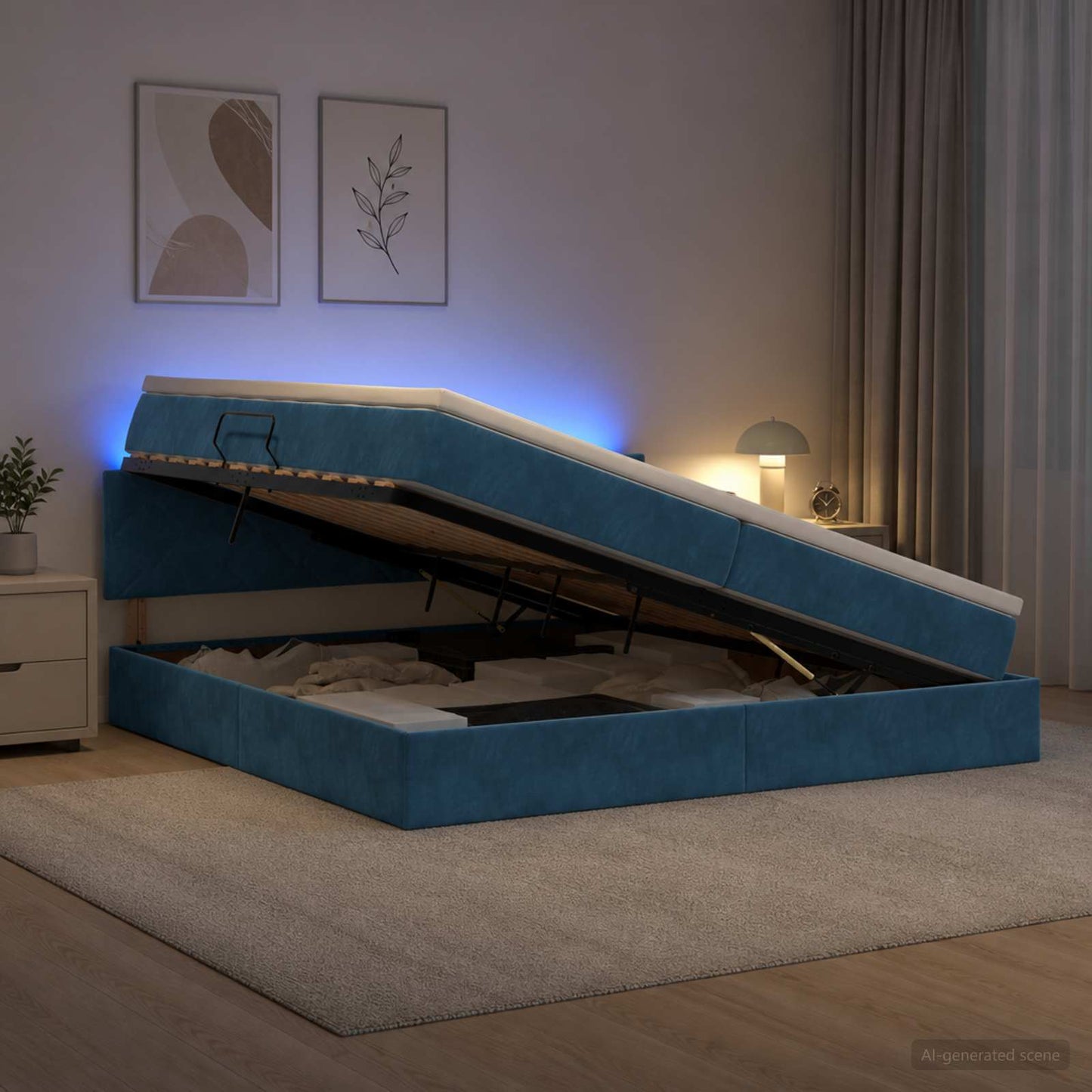 vidaXL LED Κρεβάτι αποθήκευσης με στρώμα Σκούρο Μπλε 200 x 200 cm