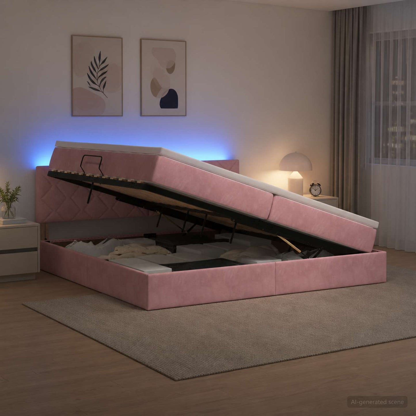 vidaXL LED Κρεβάτι αποθήκευσης με στρώμα Ροζ 200 x 200 cm Βελούδο