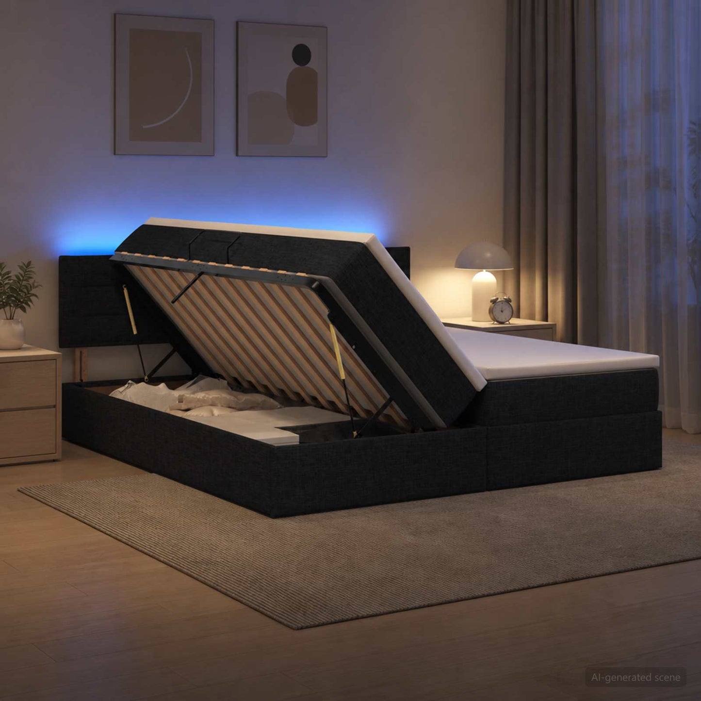 vidaXL LED Κρεβάτι αποθήκευσης με στρώμα Μαύρο 200 x 200 cm Ύφασμα