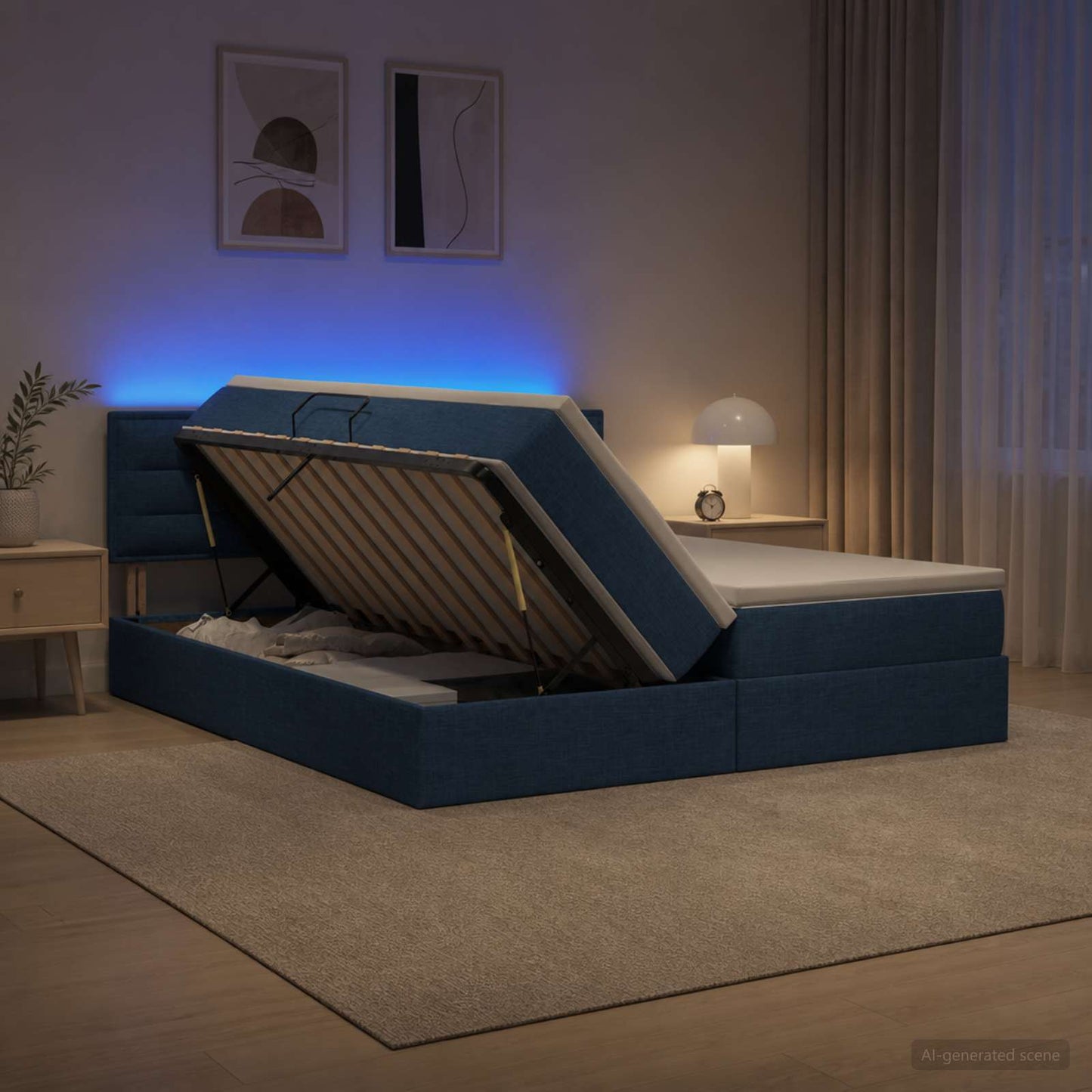 vidaXL LED Κρεβάτι αποθήκευσης με στρώμα Μπλε 200 x 200 cm Ύφασμα