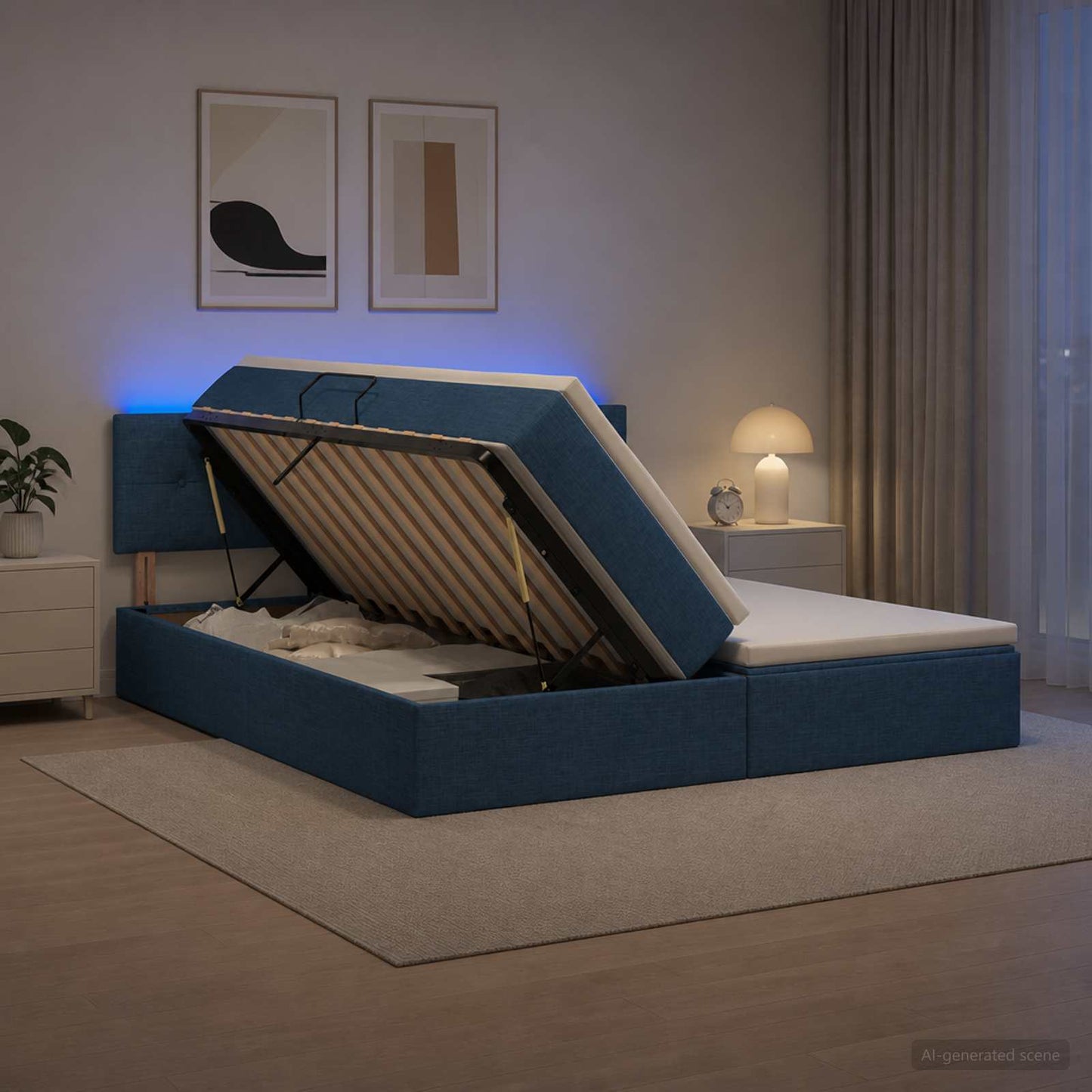 vidaXL LED Κρεβάτι αποθήκευσης με στρώμα Μπλε 200 x 200 cm Ύφασμα