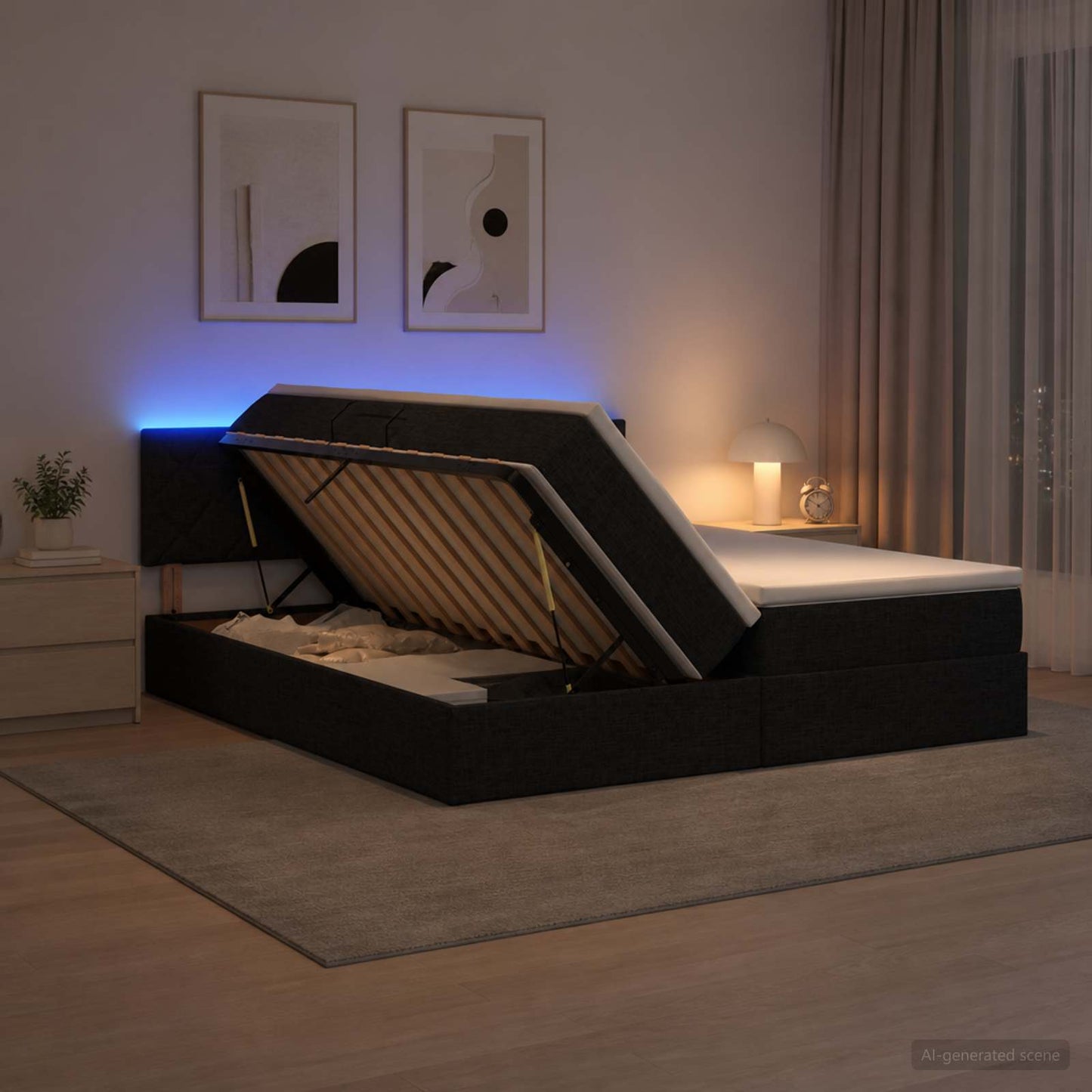 vidaXL LED Κρεβάτι αποθήκευσης με στρώμα Μαύρο 200 x 200 cm Ύφασμα