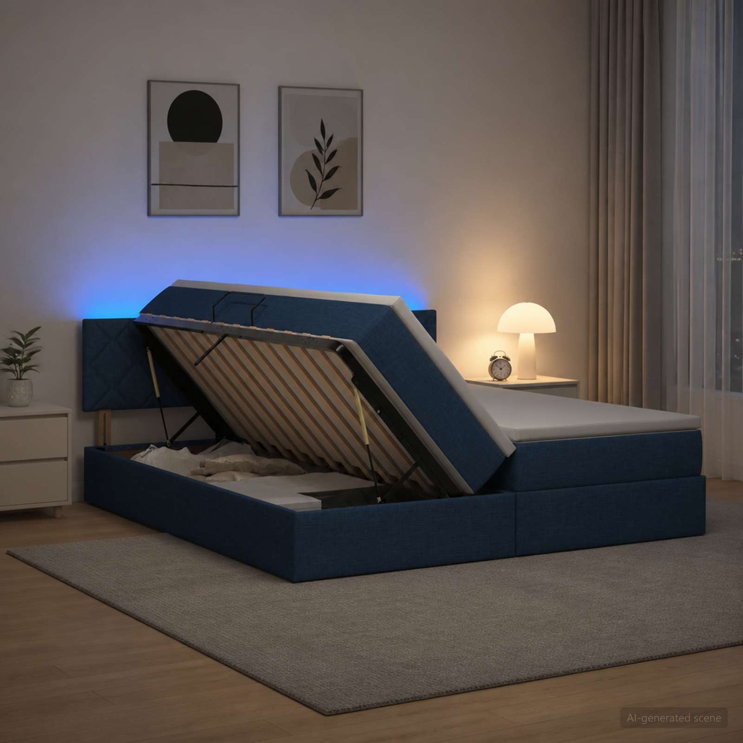 vidaXL LED Κρεβάτι αποθήκευσης με στρώμα Μπλε 200 x 200 cm Ύφασμα