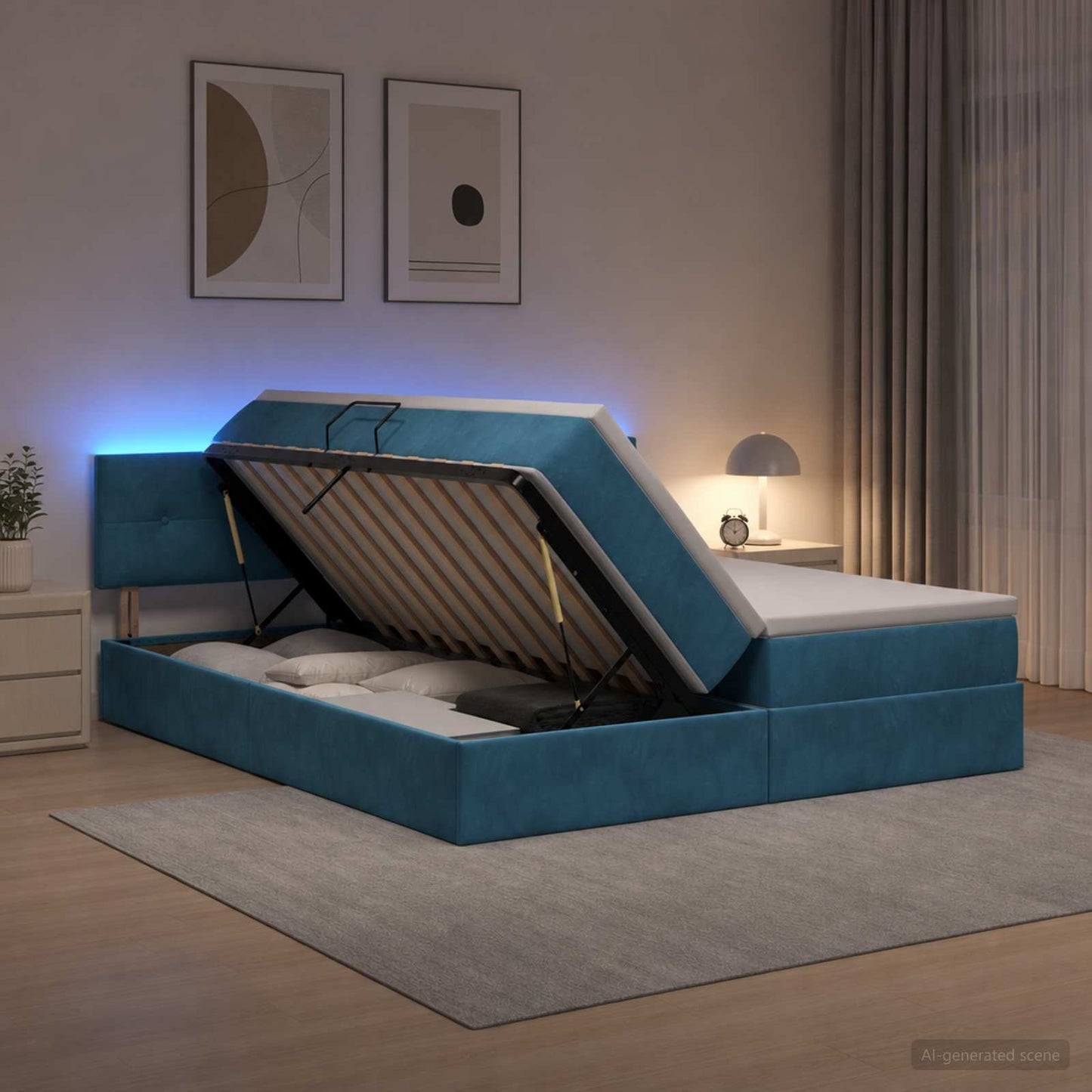 vidaXL LED Κρεβάτι αποθήκευσης με στρώμα Σκούρο Μπλε 180 x 200 cm
