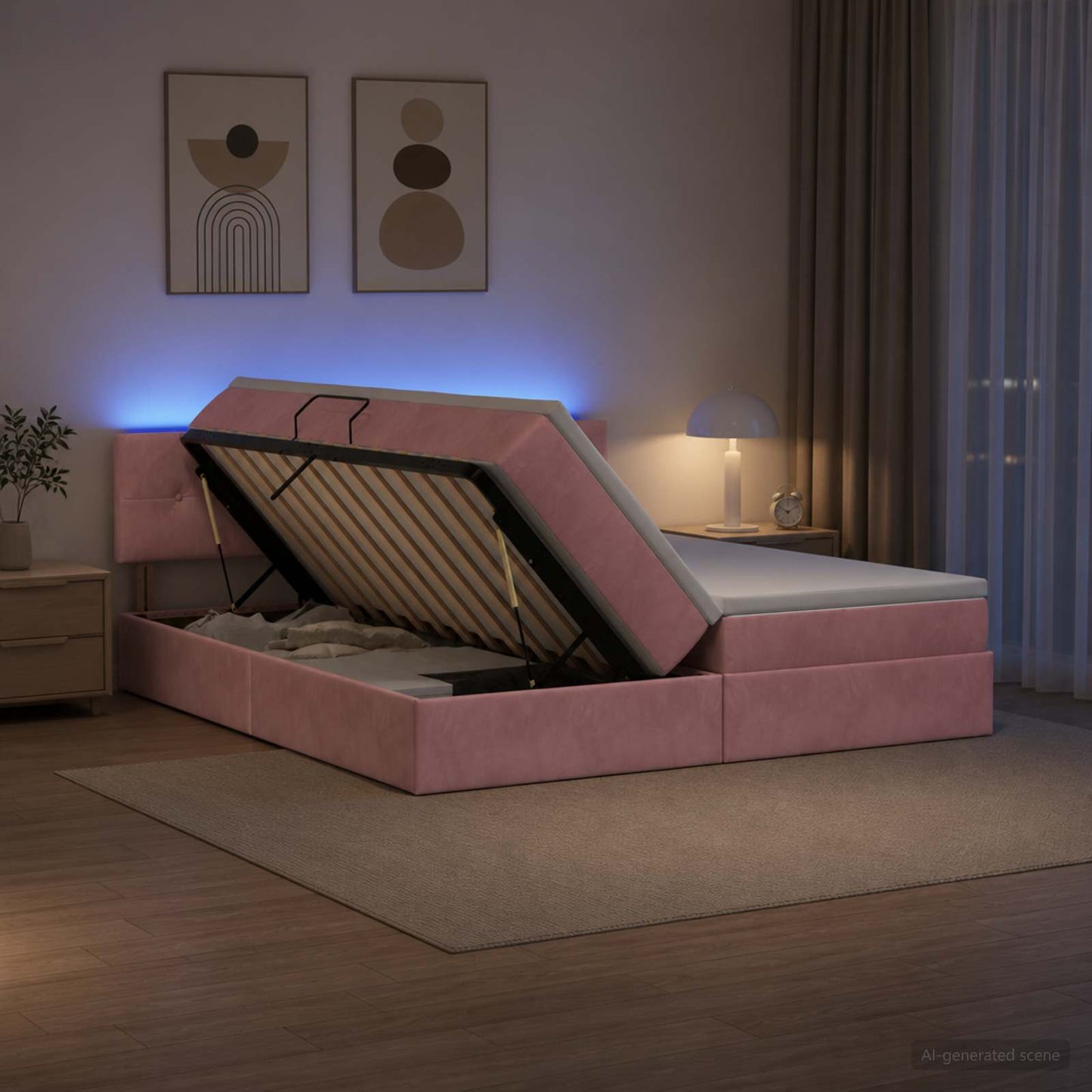vidaXL LED Κρεβάτι αποθήκευσης με στρώμα Ροζ 200 x 200 cm Βελούδο
