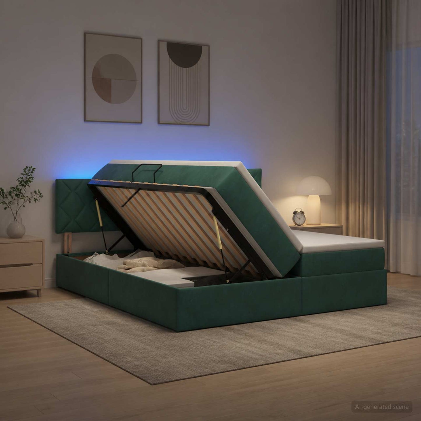 vidaXL LED Κρεβάτι αποθήκευσης με στρώμα Σκούρο Πράσινο 200 x 200 cm