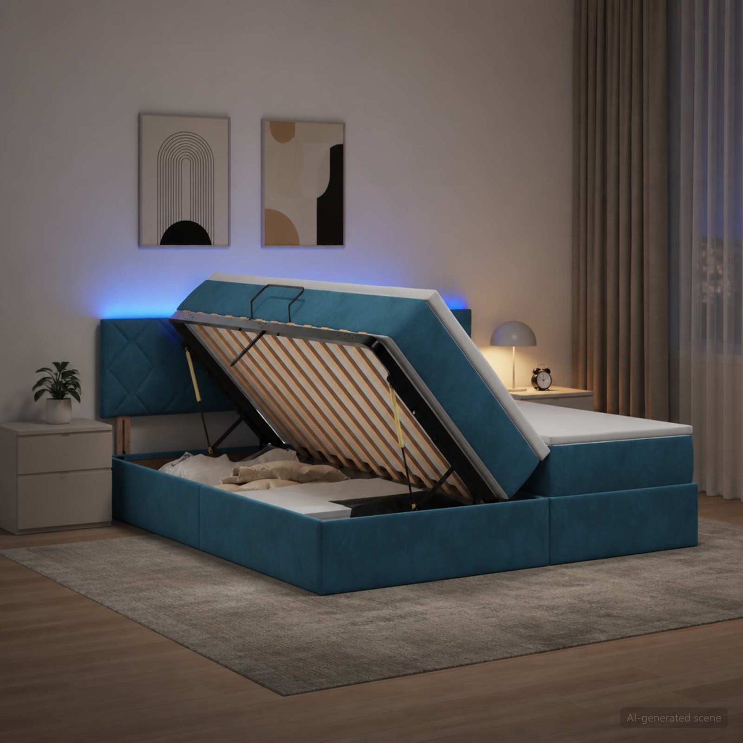 vidaXL LED Κρεβάτι αποθήκευσης με στρώμα Σκούρο Μπλε 200 x 200 cm
