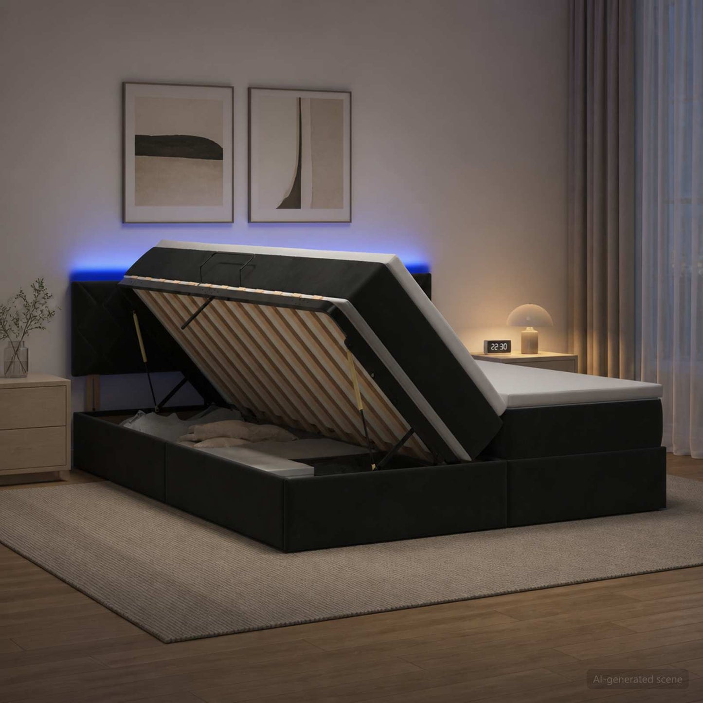 vidaXL LED Κρεβάτι αποθήκευσης με στρώμα Μαύρο 200 x 200 cm Βελούδο