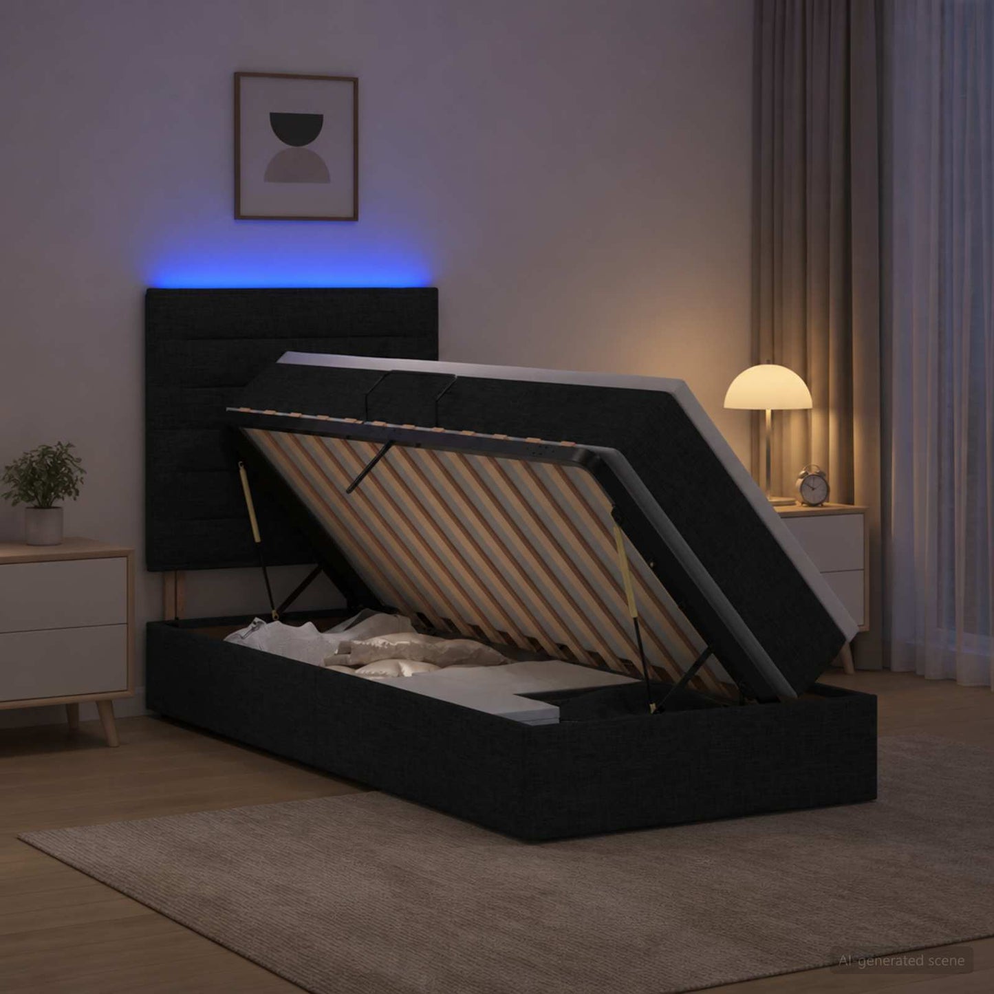 vidaXL LED Κρεβάτι αποθήκευσης με στρώμα Μαύρο 100 x 200 cm Ύφασμα