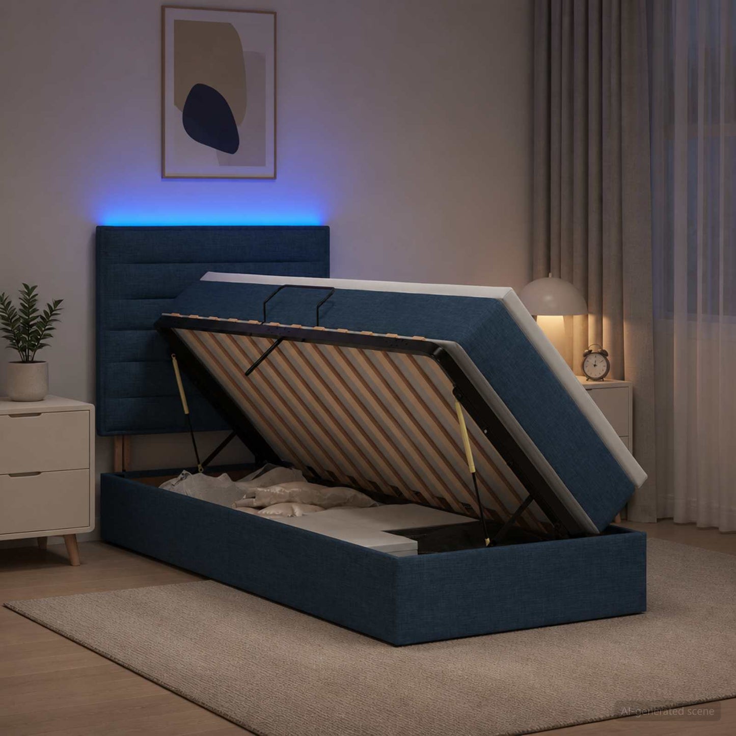 vidaXL LED Κρεβάτι αποθήκευσης με στρώμα Μπλε 100 x 200 cm Ύφασμα