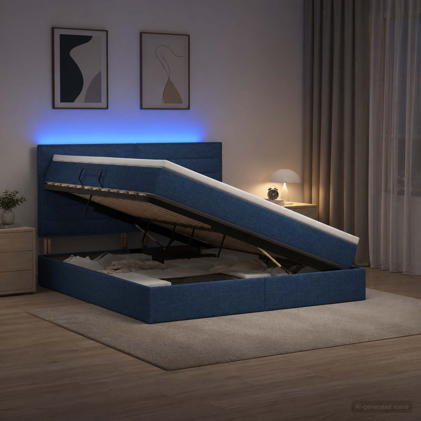 vidaXL LED Κρεβάτι αποθήκευσης με στρώμα Μπλε 160 x 200 cm Ύφασμα