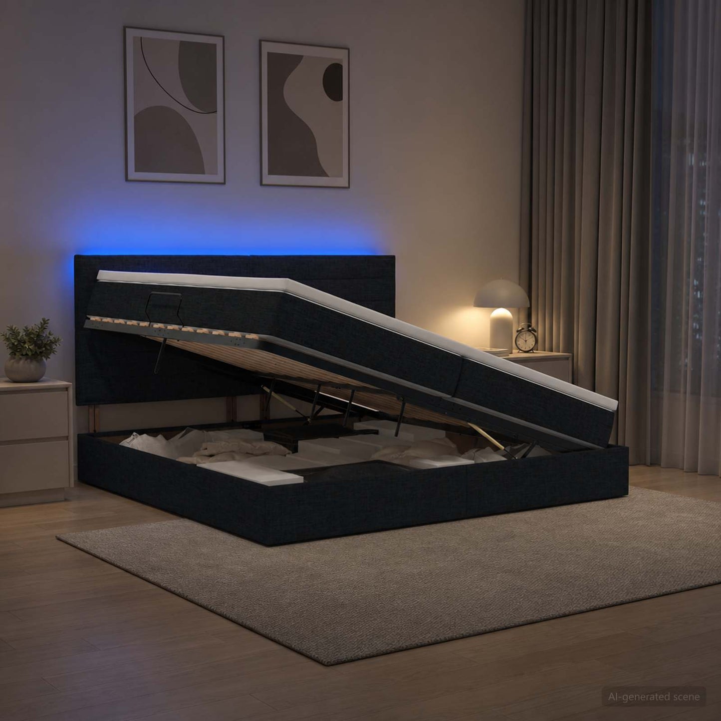 vidaXL LED Κρεβάτι αποθήκευσης με στρώμα Μαύρο 200 x 200 cm Ύφασμα