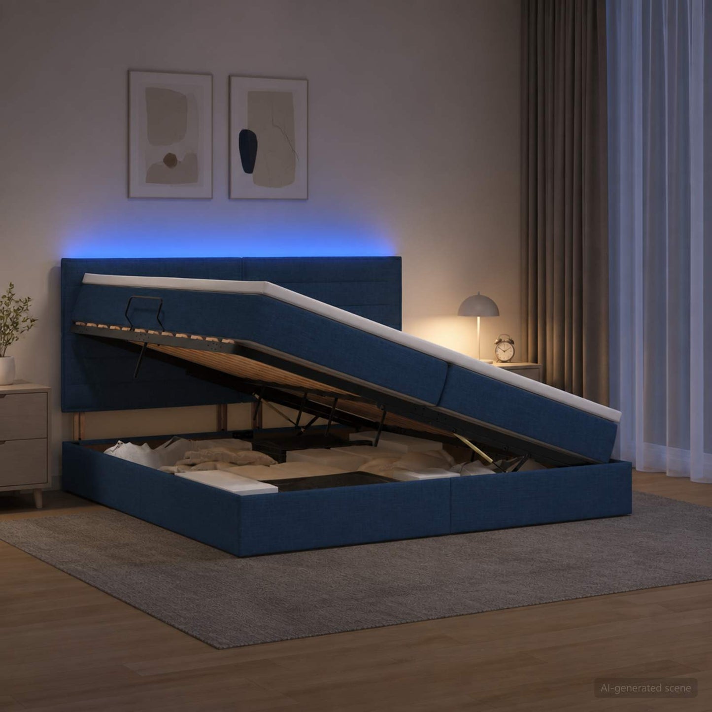 vidaXL LED Κρεβάτι αποθήκευσης με στρώμα Μπλε 200 x 200 cm Ύφασμα