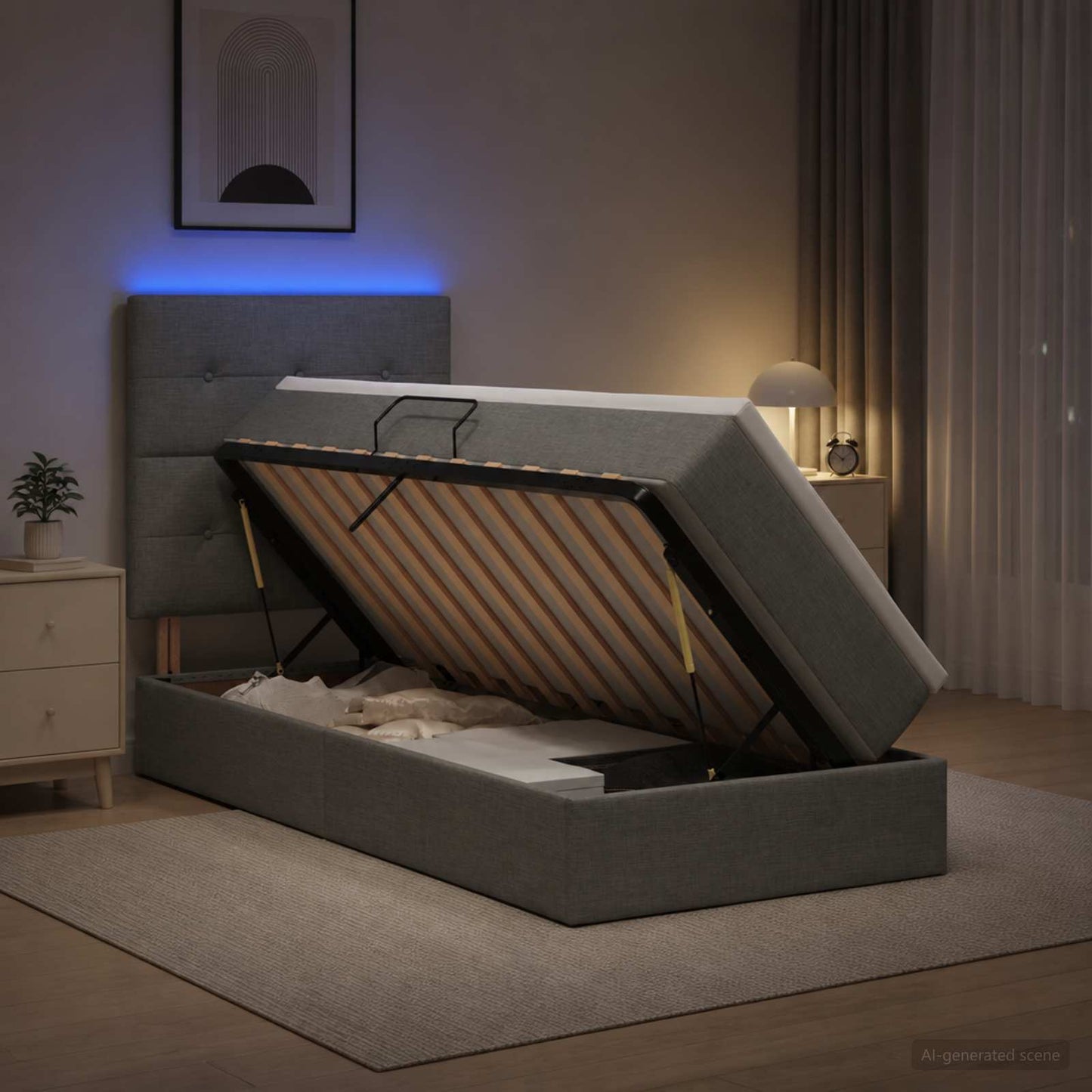 vidaXL LED Κρεβάτι αποθήκευσης με στρώμα Σκούρο Γκρι 90 x 200 cm