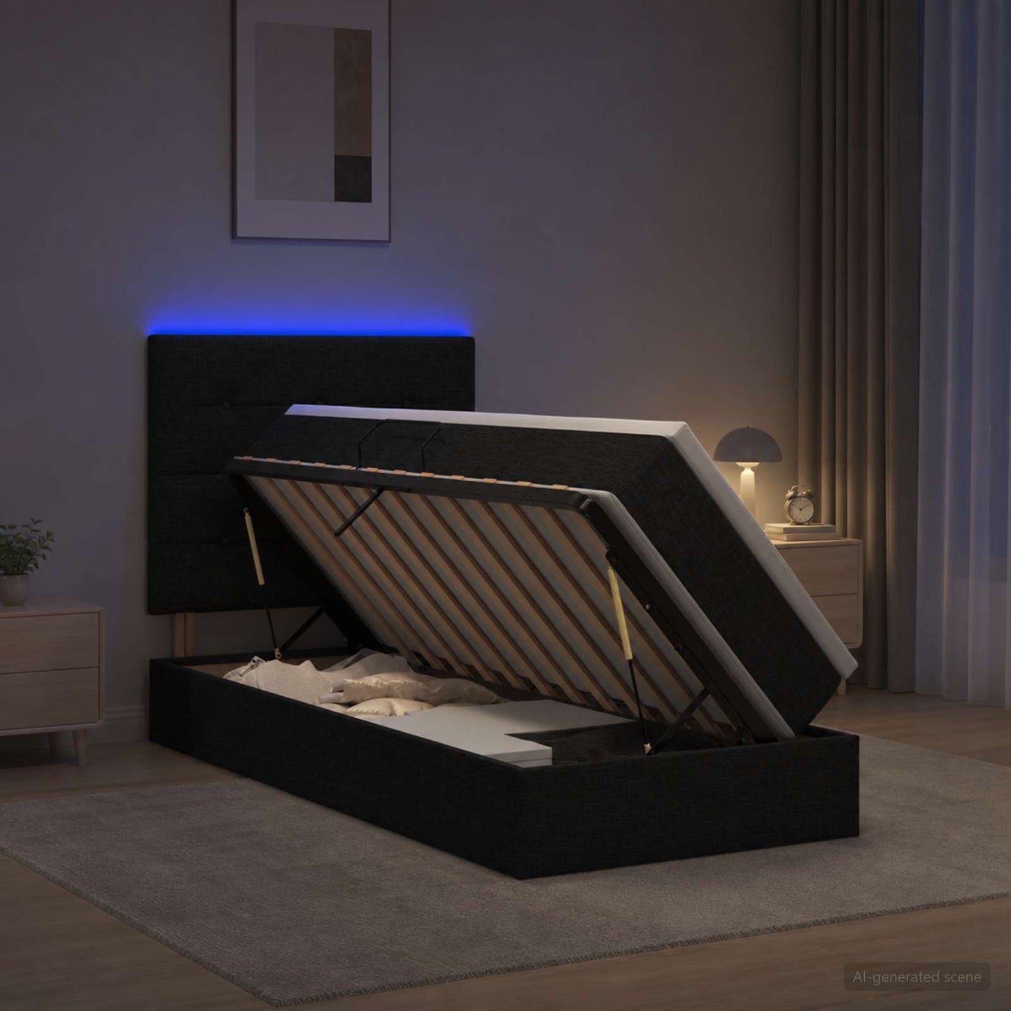 vidaXL LED Κρεβάτι αποθήκευσης με στρώμα Μαύρο 100 x 200 cm Ύφασμα