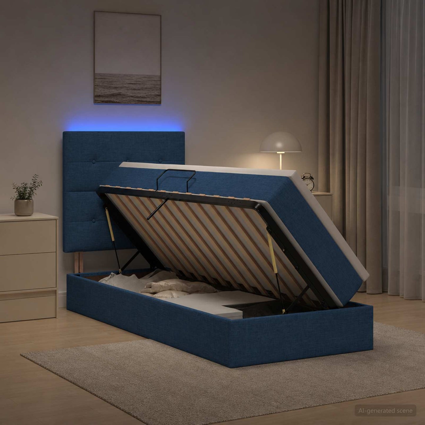 vidaXL LED Κρεβάτι αποθήκευσης με στρώμα Μπλε 90 x 200 cm Ύφασμα