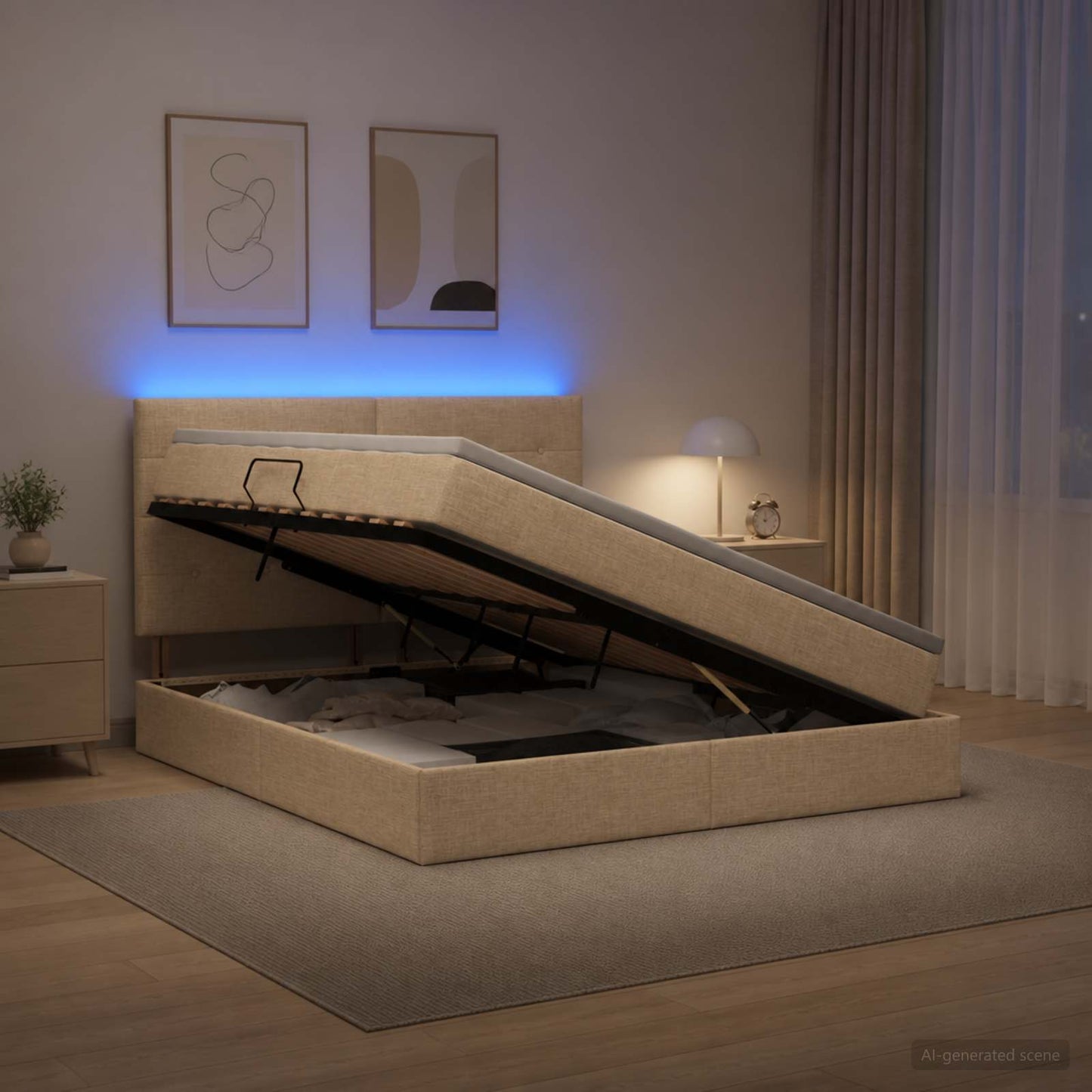 vidaXL LED Κρεβάτι αποθήκευσης με στρώμα Κρεμ 160 x 200 cm Ύφασμα