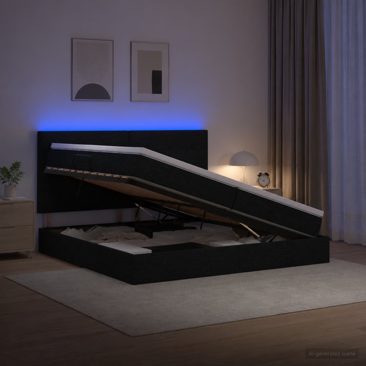 vidaXL LED Κρεβάτι αποθήκευσης με στρώμα Μαύρο 200 x 200 cm Ύφασμα