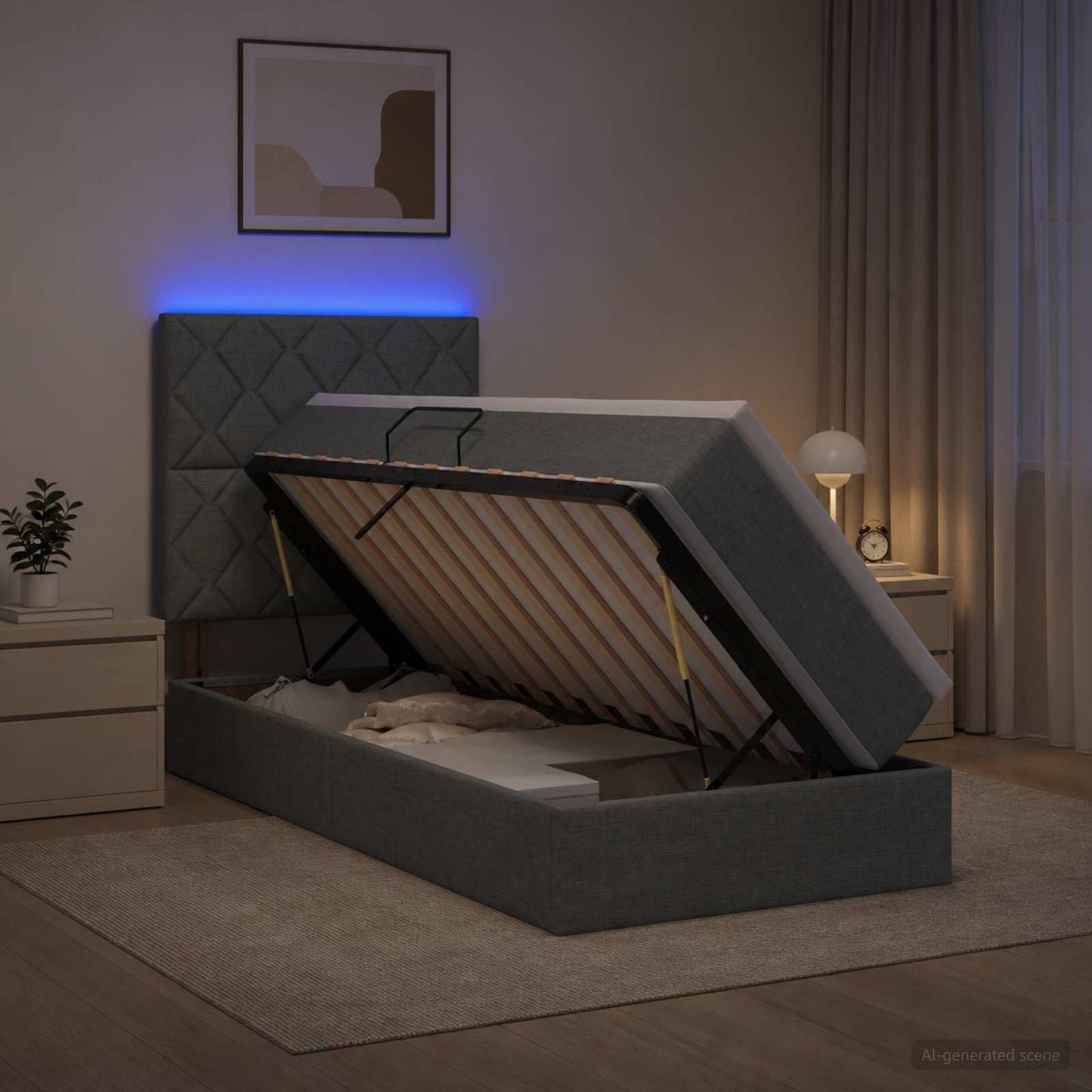 vidaXL LED Κρεβάτι αποθήκευσης με στρώμα Σκούρο Γκρι 90 x 200 cm