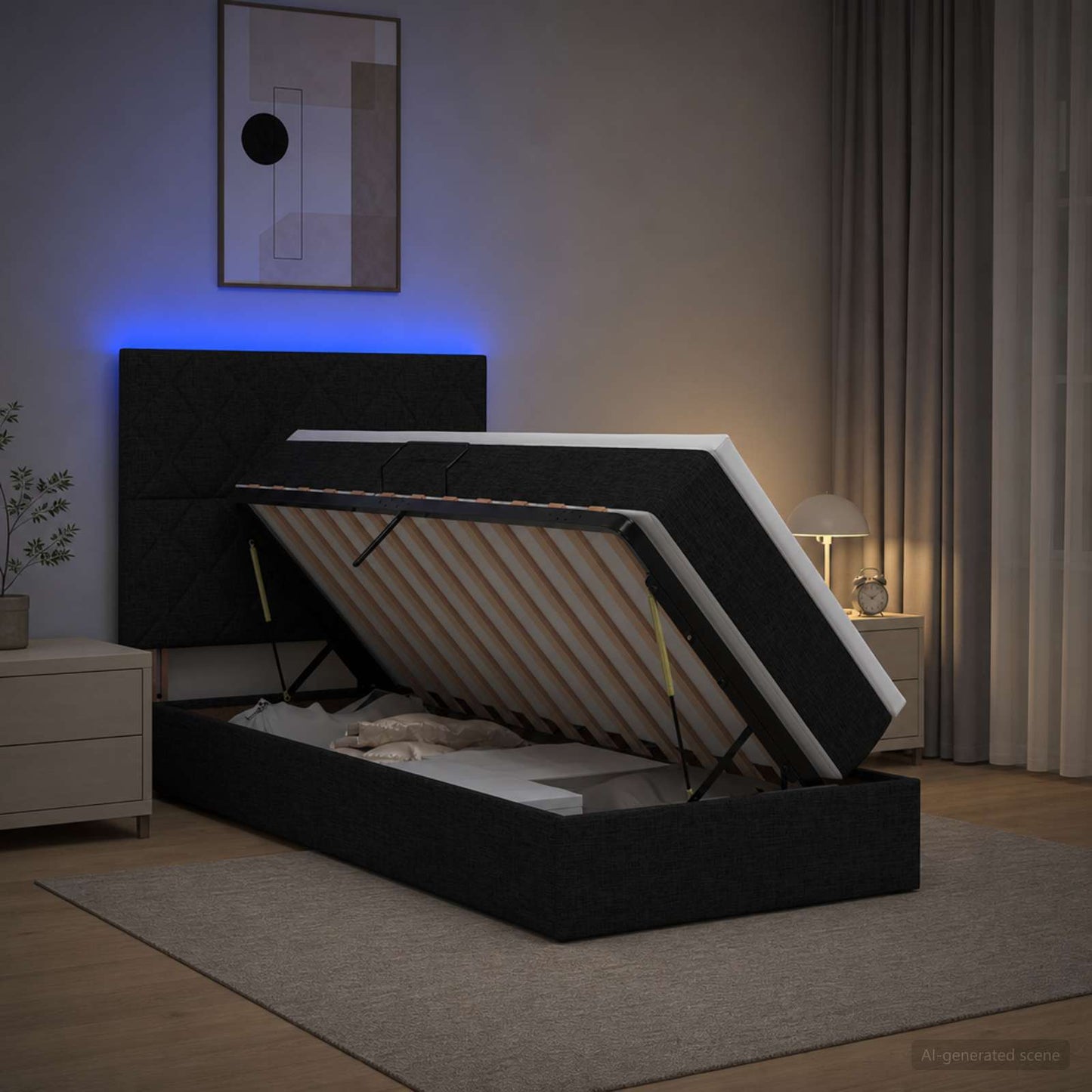 vidaXL LED Κρεβάτι αποθήκευσης με στρώμα Μαύρο 90 x 190 cm Ύφασμα