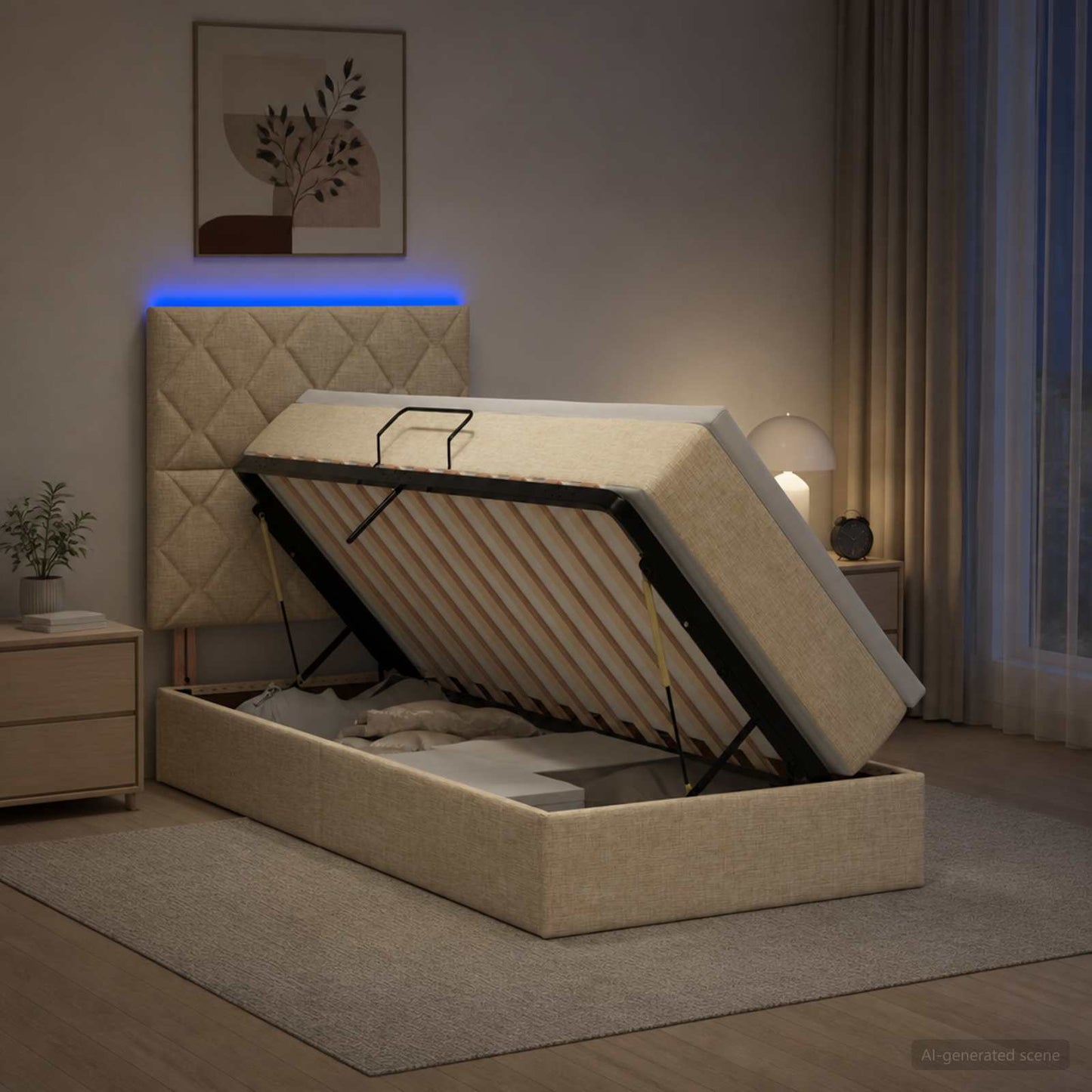 vidaXL LED Κρεβάτι αποθήκευσης με στρώμα Κρεμ 100 x 200 cm Ύφασμα