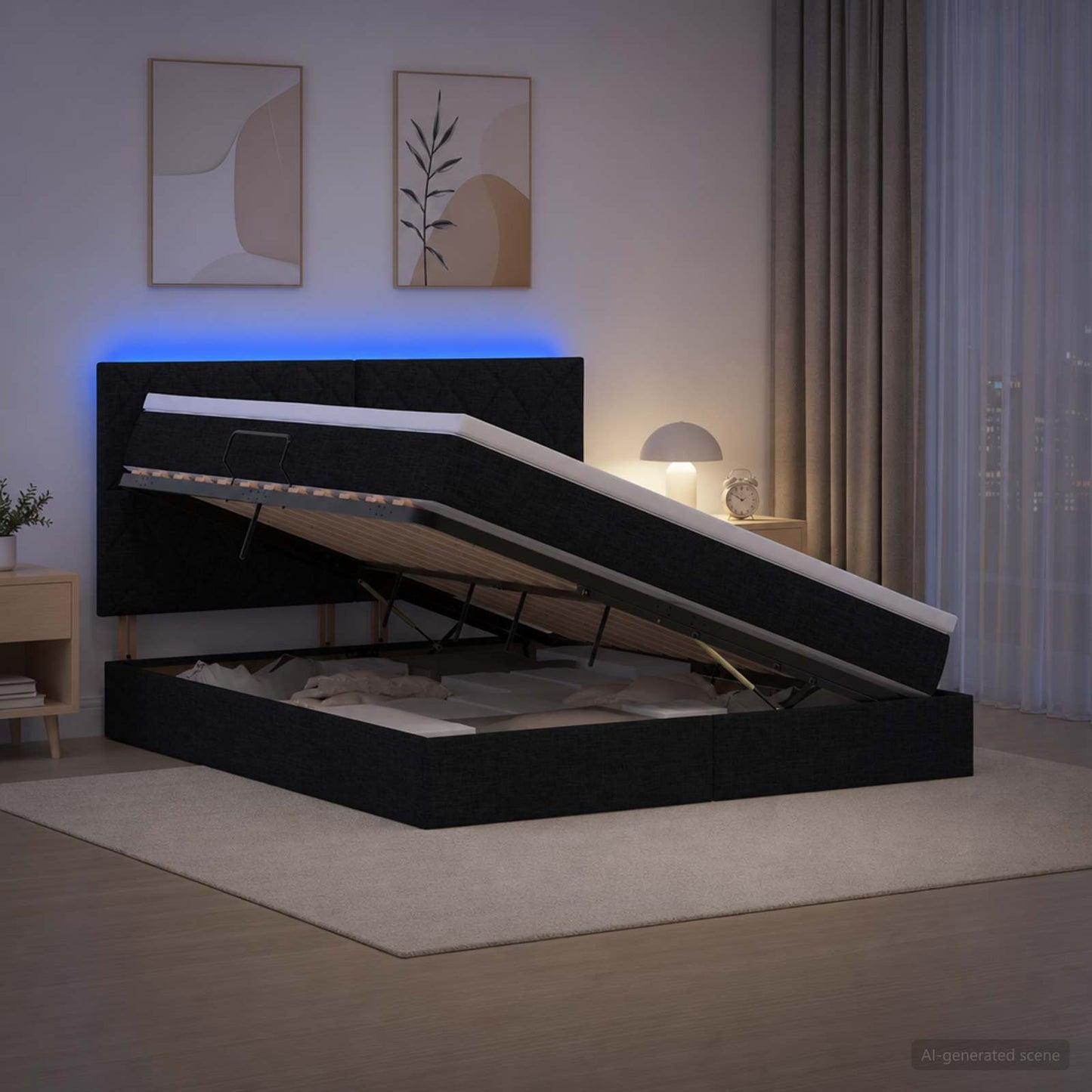 vidaXL LED Κρεβάτι αποθήκευσης με στρώμα Μαύρο 140 x 190 cm Ύφασμα