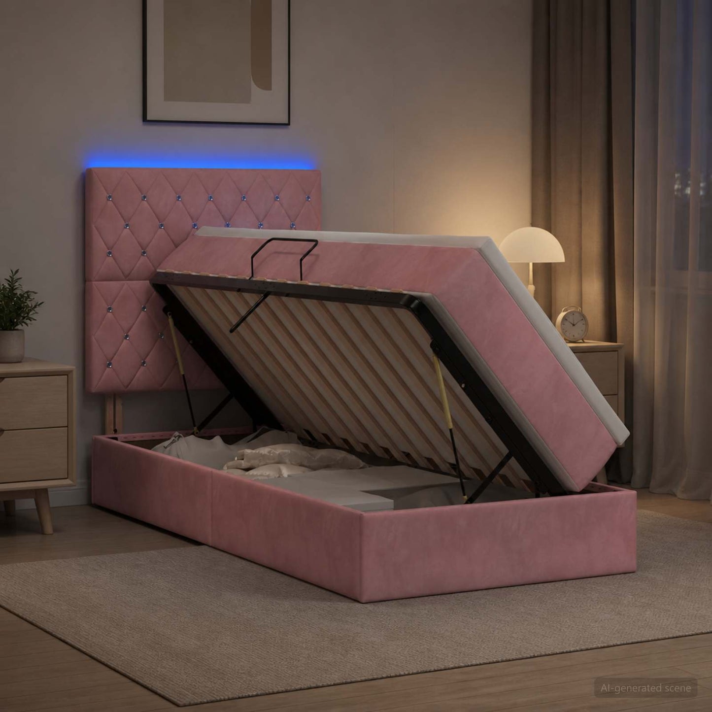 vidaXL LED Κρεβάτι αποθήκευσης με στρώμα Ροζ 100 x 200 cm Βελούδο