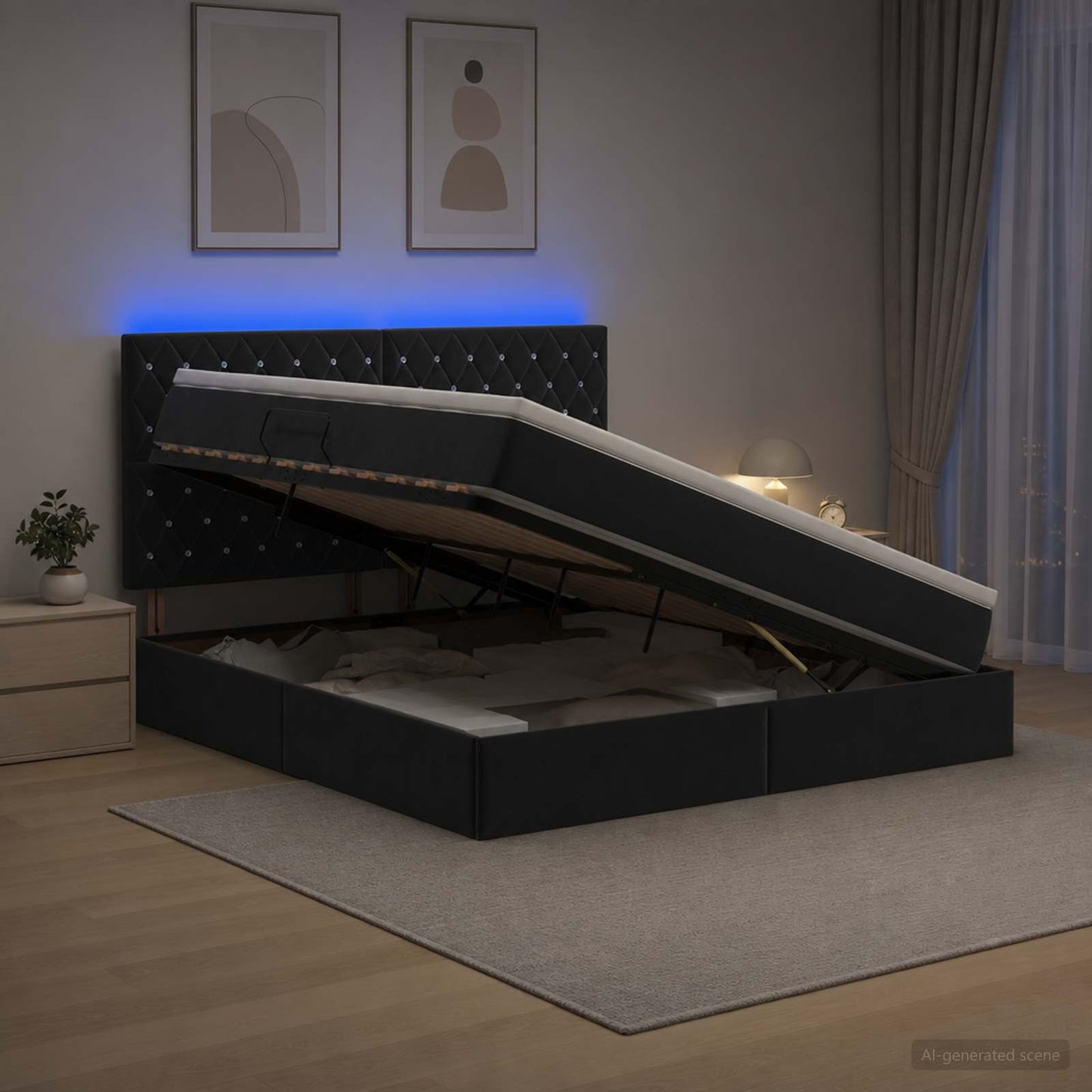 vidaXL LED Κρεβάτι αποθήκευσης με στρώμα Μαύρο 160 x 200 cm Βελούδο