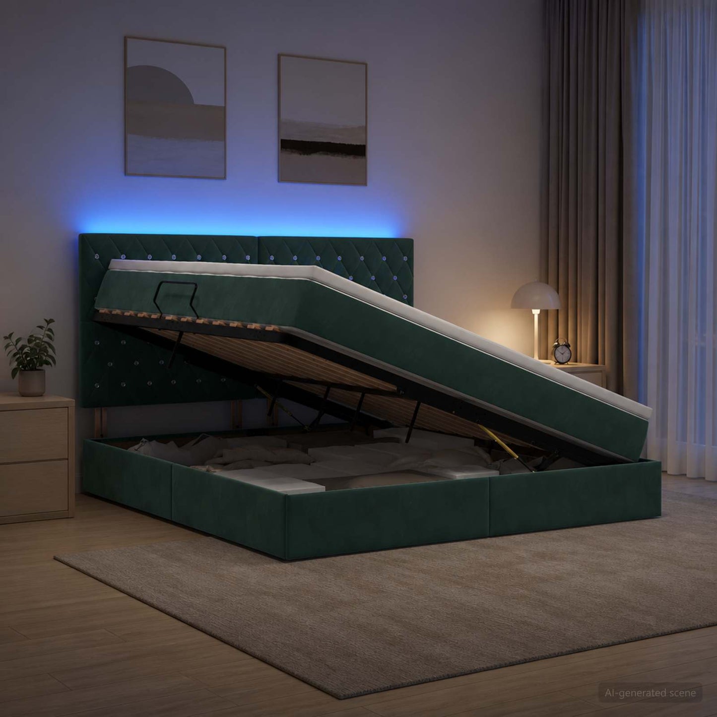 vidaXL LED Κρεβάτι αποθήκευσης με στρώμα Σκούρο Πράσινο 140 x 200 cm