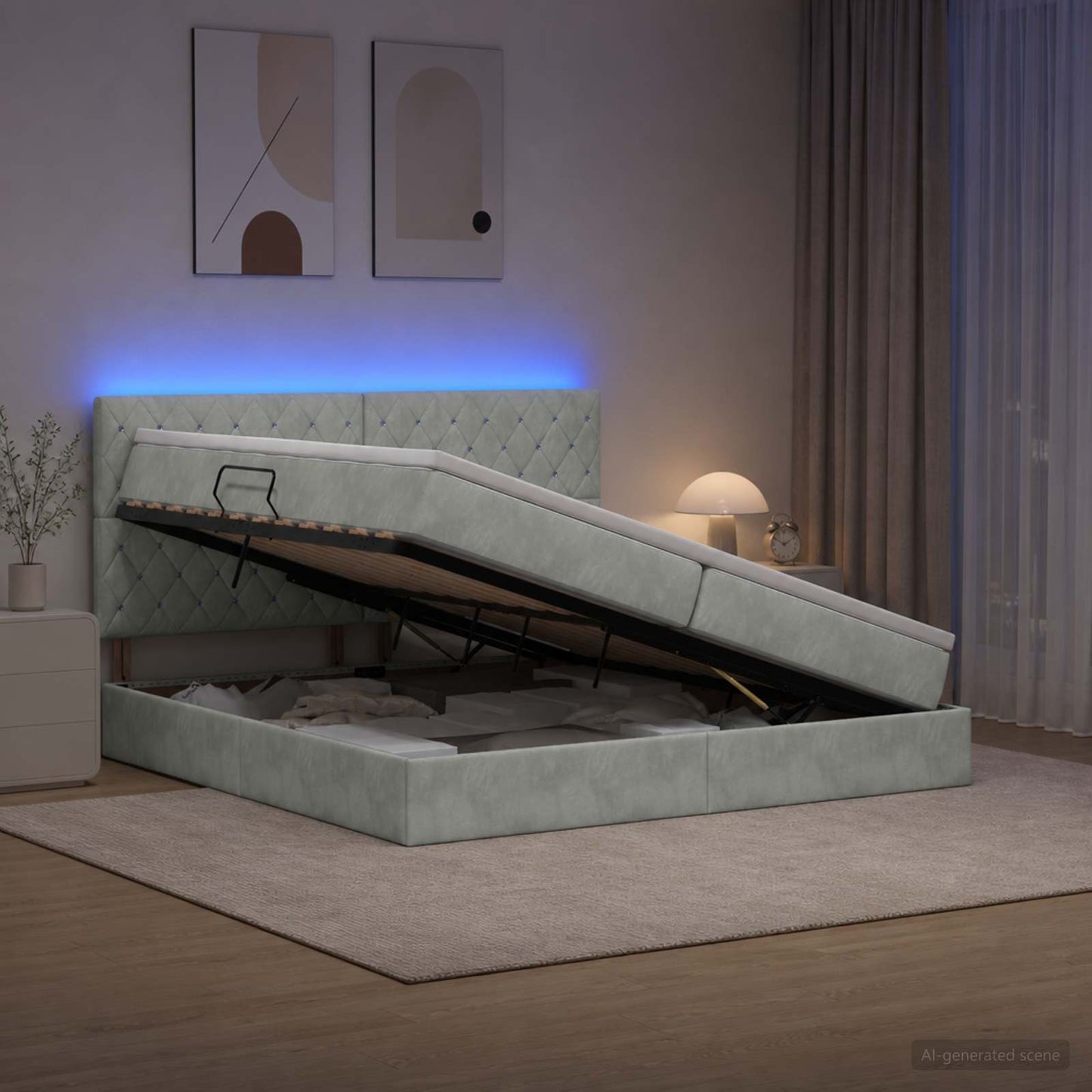 vidaXL LED Κρεβάτι αποθήκευσης με στρώμα Ανοιχτό γκρι 200 x 200 cm