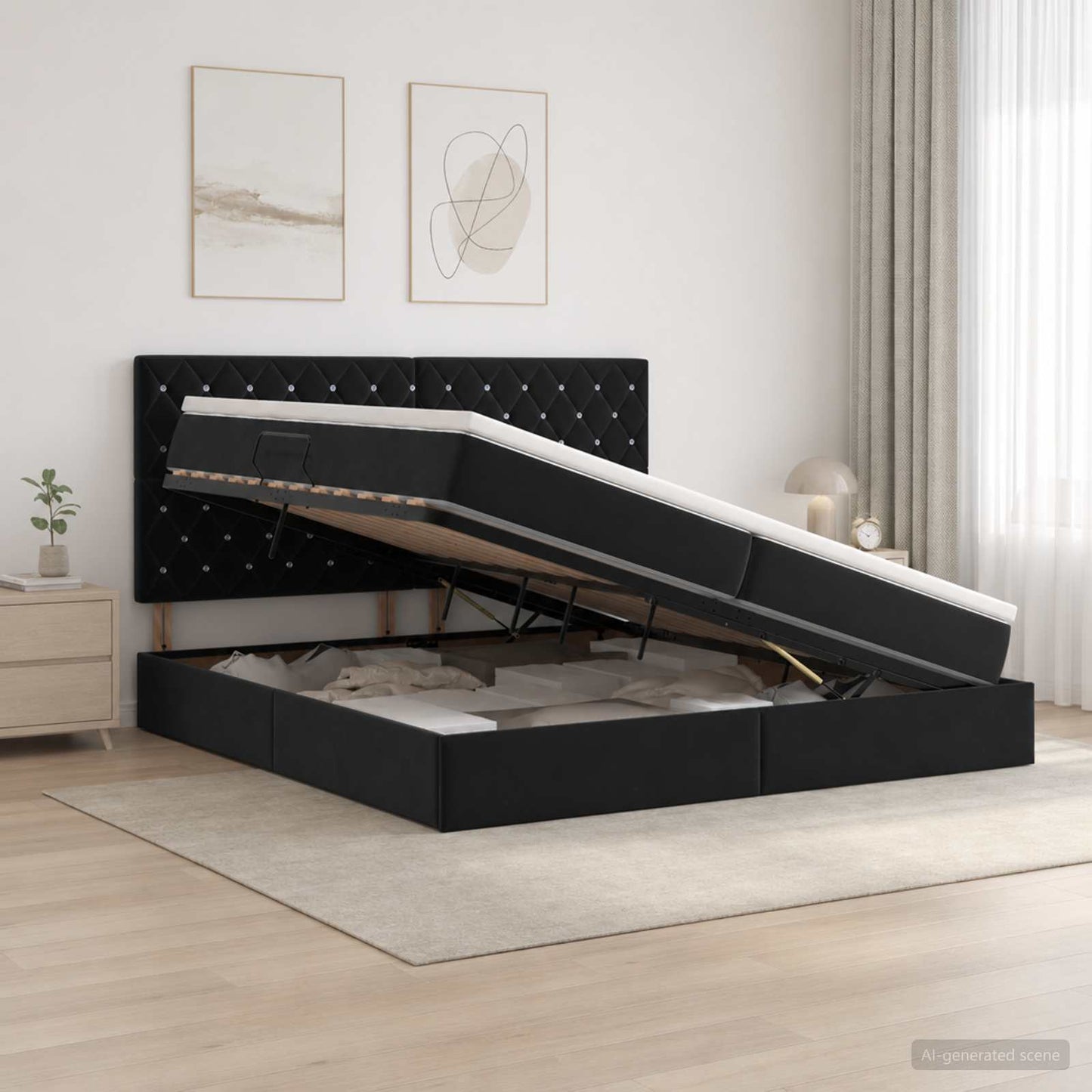 vidaXL LED Κρεβάτι αποθήκευσης με στρώμα Μαύρο 200 x 200 cm Βελούδο