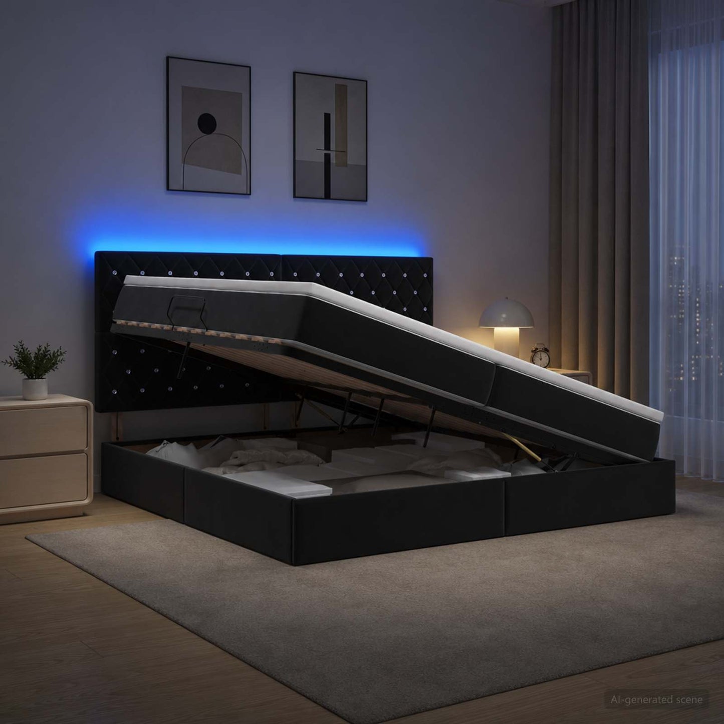 vidaXL LED Κρεβάτι αποθήκευσης με στρώμα Μαύρο 200 x 200 cm Βελούδο