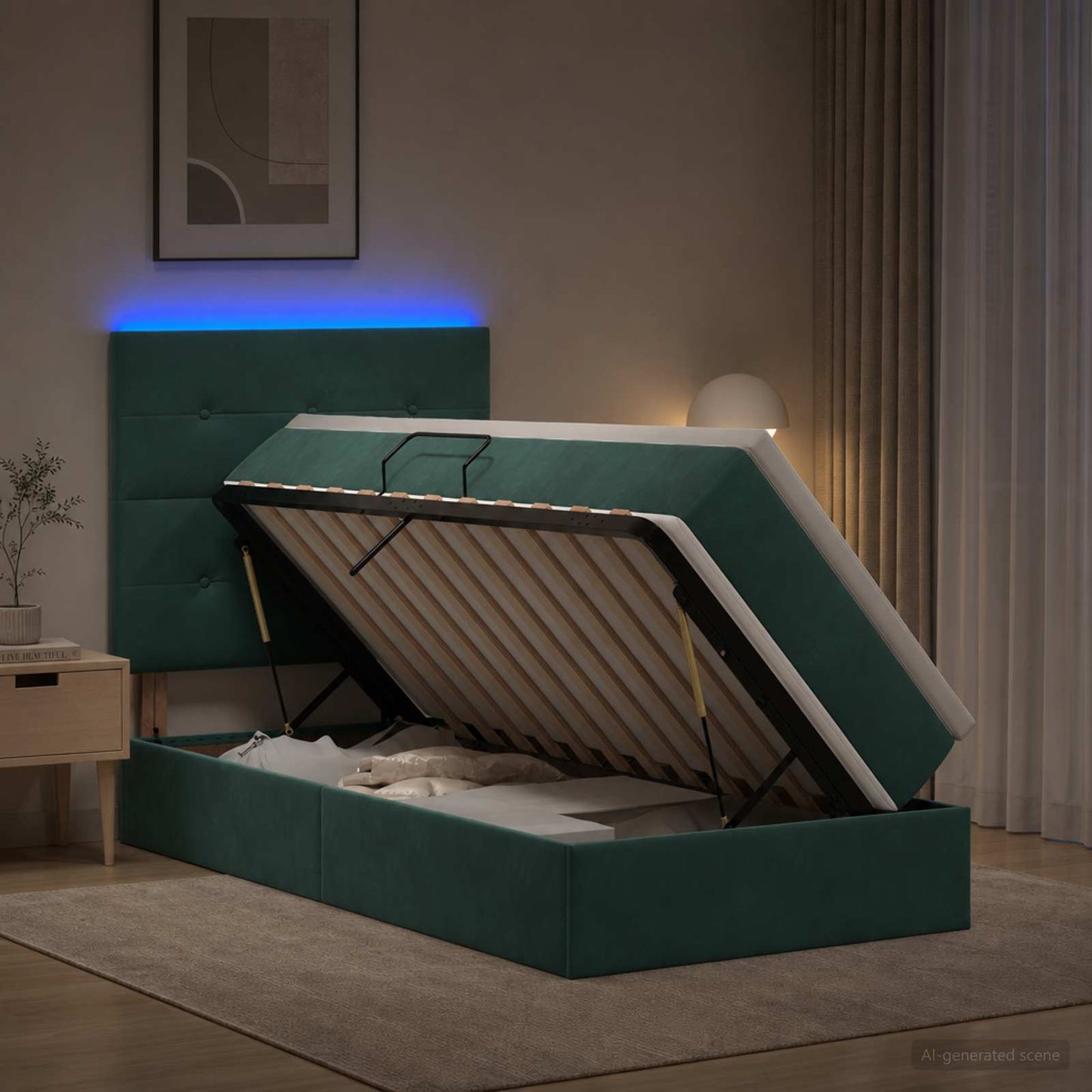 vidaXL LED Κρεβάτι αποθήκευσης με στρώμα Σκούρο Πράσινο 100 x 200 cm
