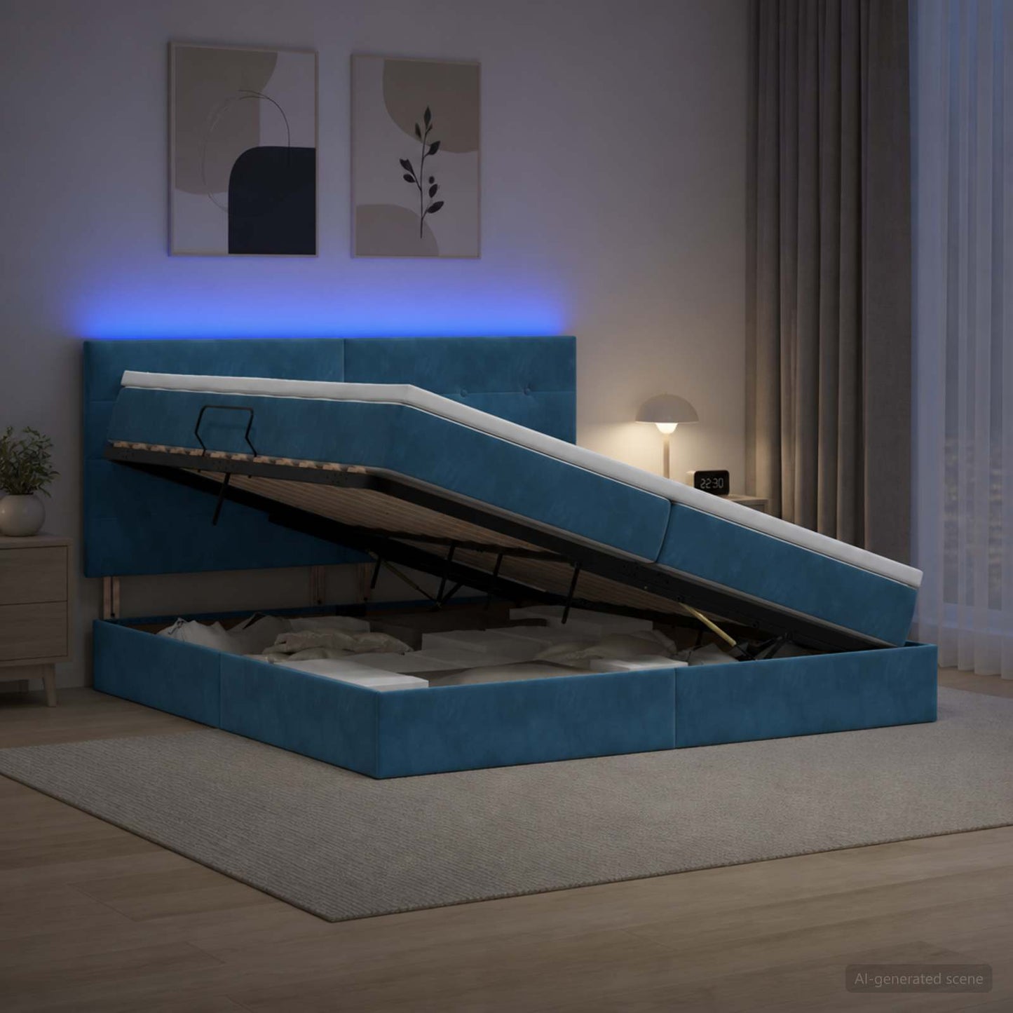 vidaXL LED Κρεβάτι αποθήκευσης με στρώμα Σκούρο Μπλε 200 x 200 cm