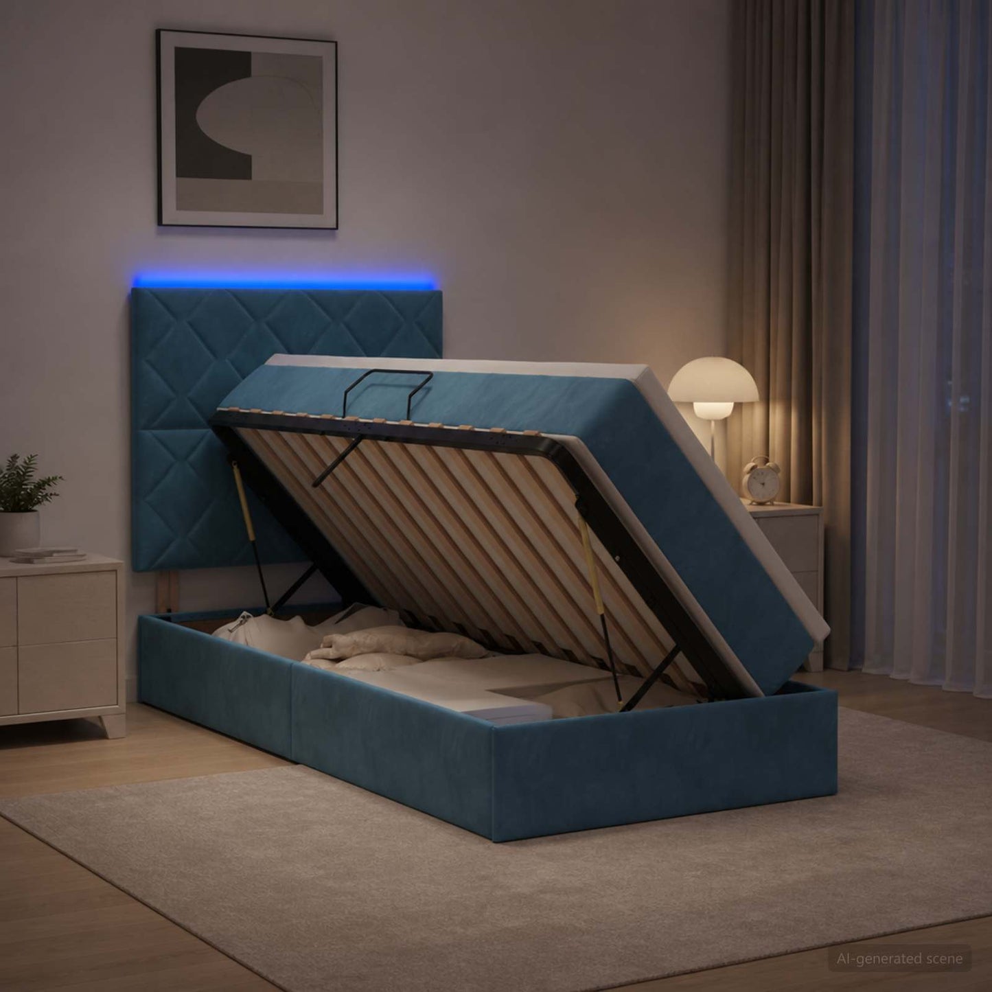 vidaXL LED Κρεβάτι αποθήκευσης με στρώμα Σκούρο Μπλε 90 x 190 cm