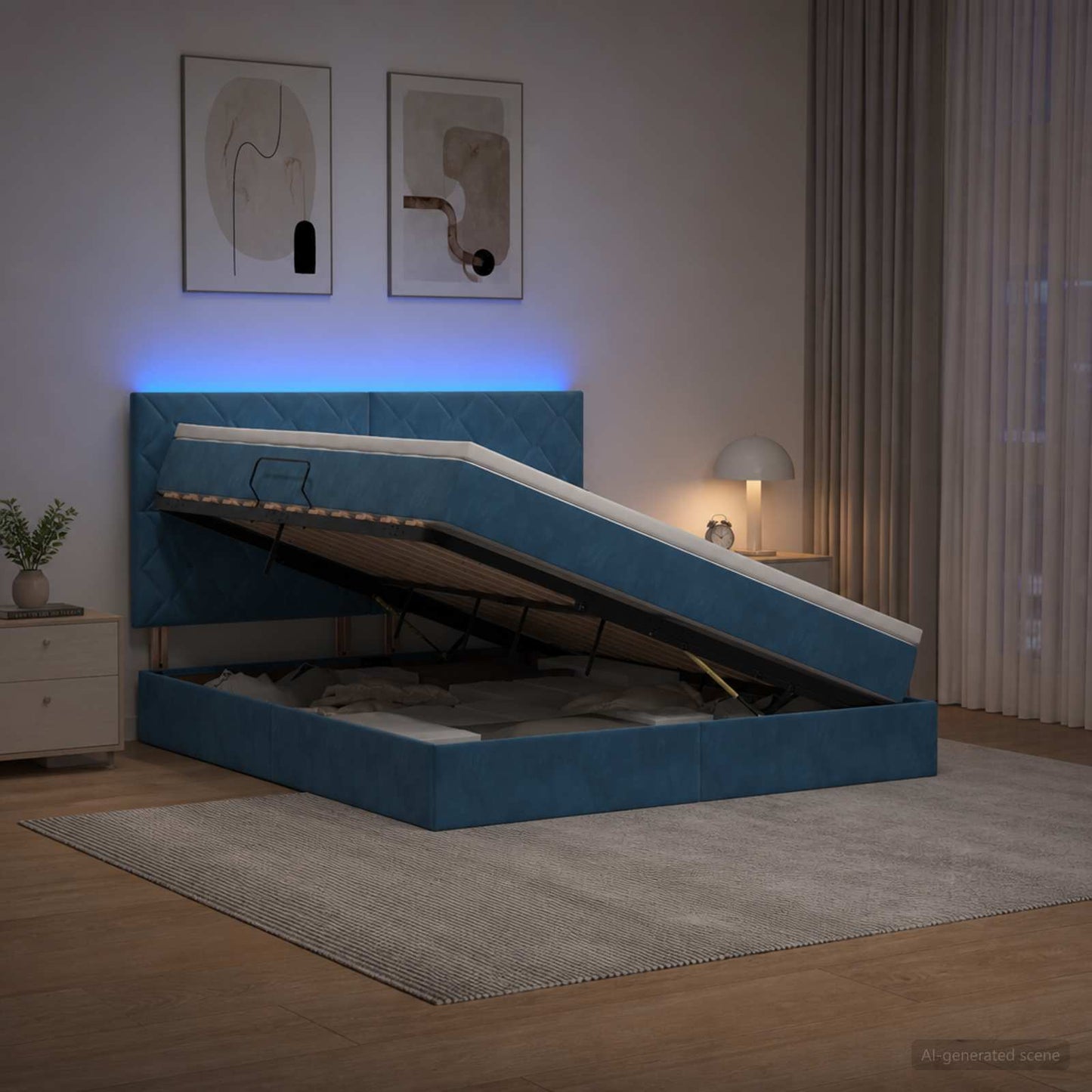 vidaXL LED Κρεβάτι αποθήκευσης με στρώμα Σκούρο Μπλε 160 x 200 cm