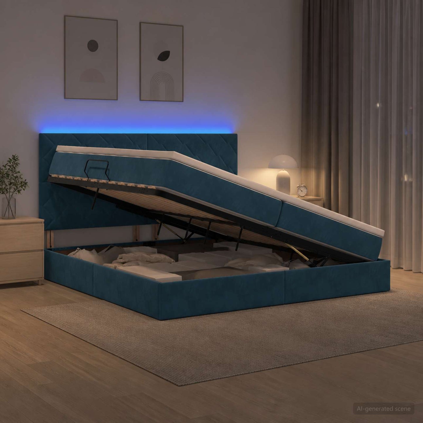vidaXL LED Κρεβάτι αποθήκευσης με στρώμα Σκούρο Μπλε 200 x 200 cm