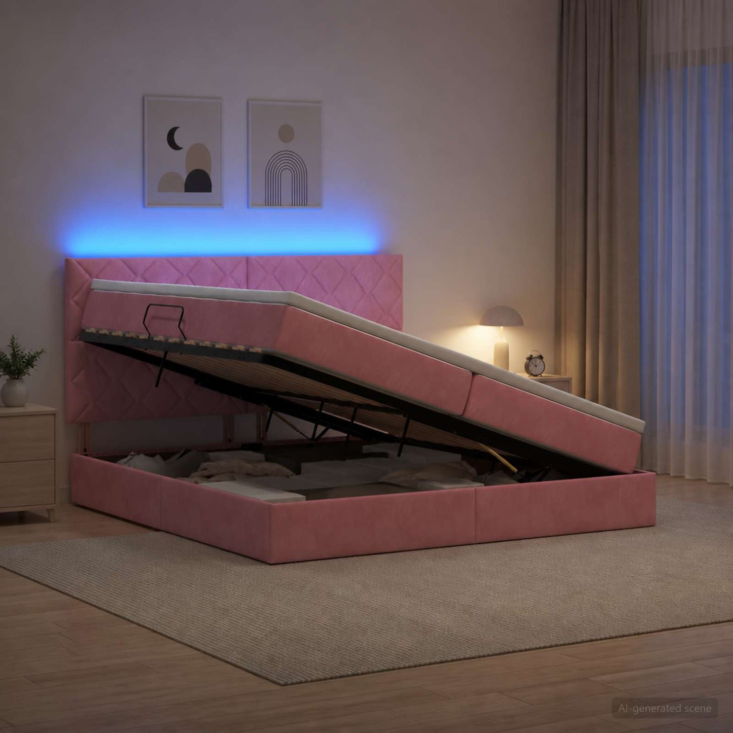 vidaXL LED Κρεβάτι αποθήκευσης με στρώμα Ροζ 200 x 200 cm Βελούδο