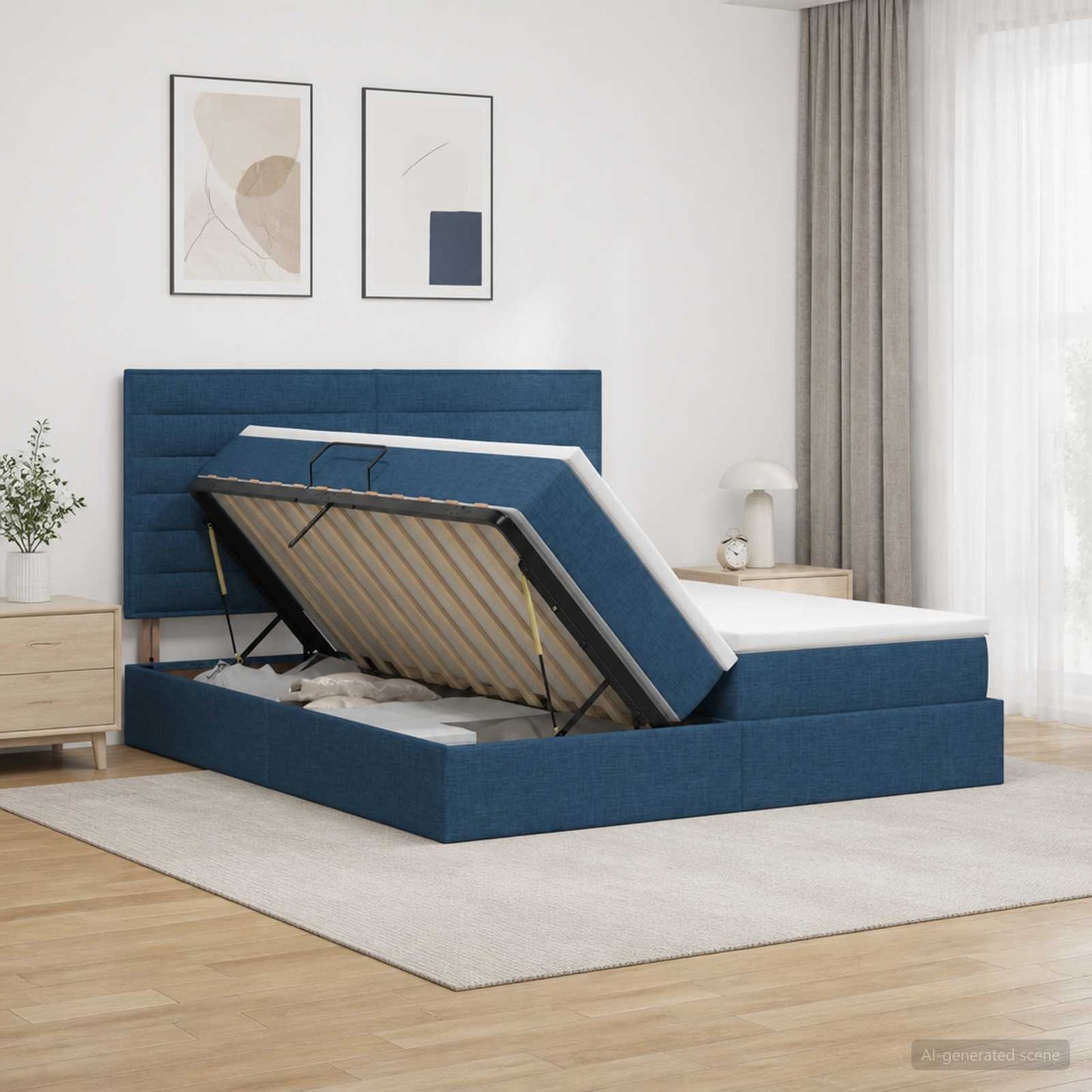 vidaXL Κρεβάτι Αποθήκης με κεφαλάρι Μπλε 200 x 200 cm Ύφασμα