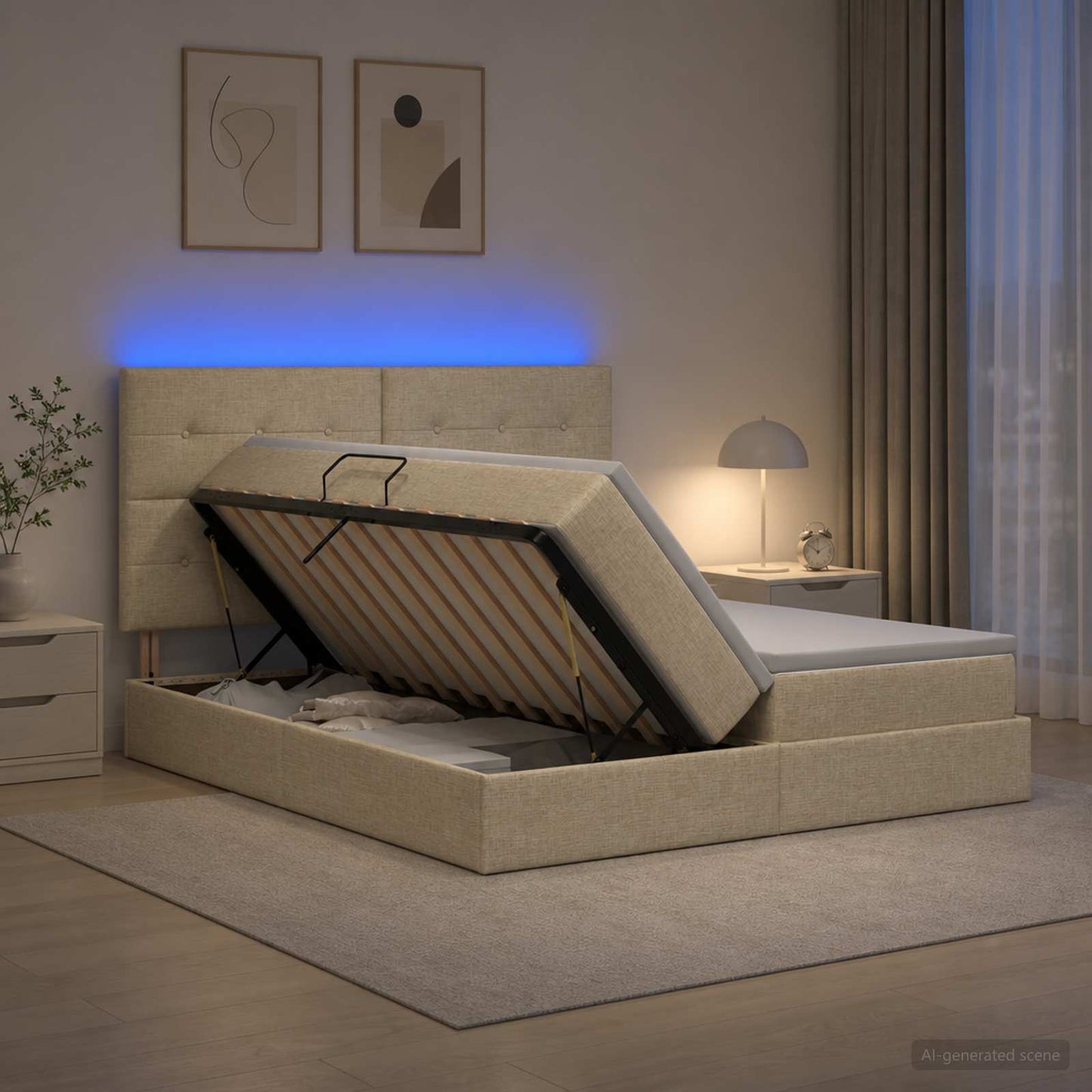 vidaXL LED Κρεβάτι αποθήκευσης με στρώμα Κρεμ 200 x 200 cm Ύφασμα