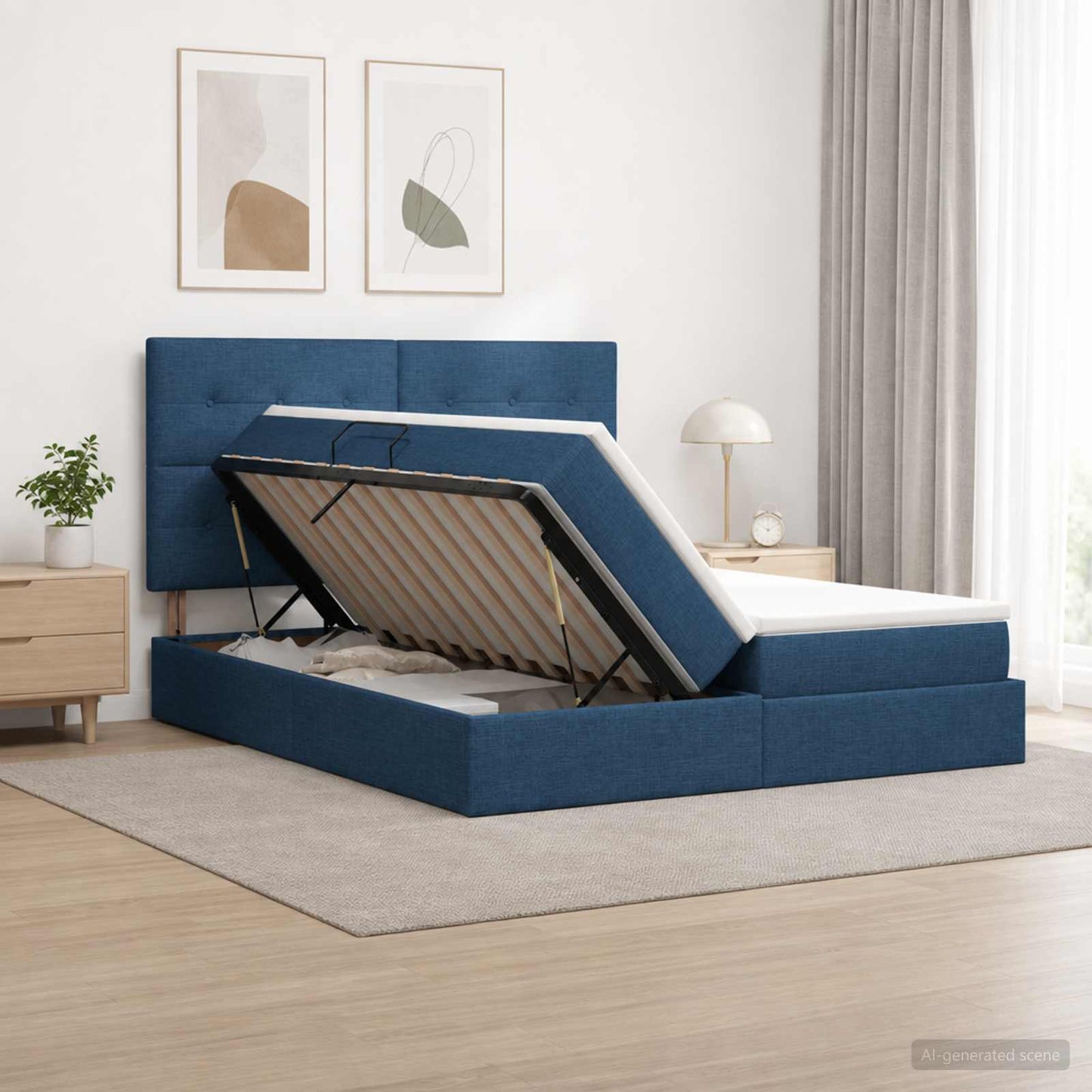 vidaXL Κρεβάτι Αποθήκης με κεφαλάρι Μπλε 200 x 200 cm Ύφασμα