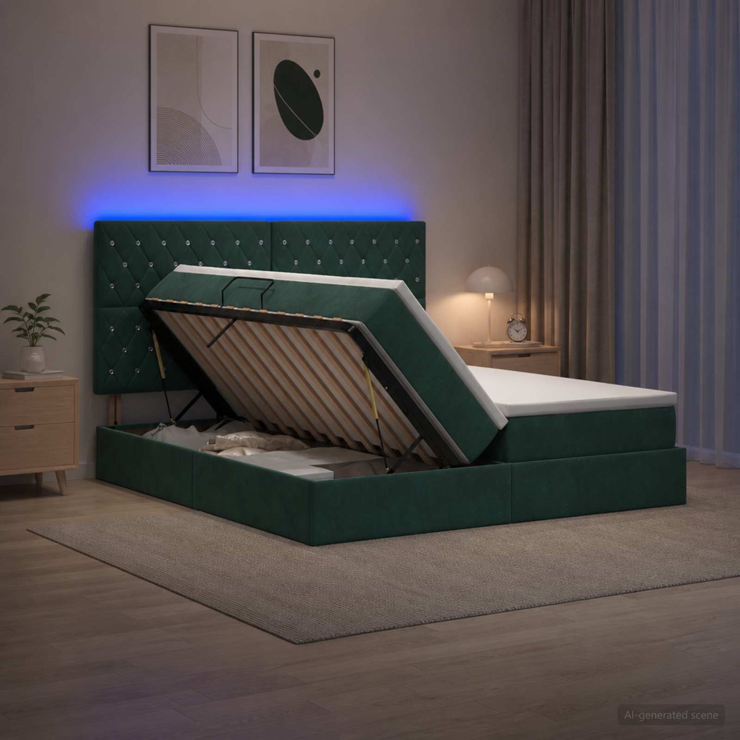 vidaXL LED Κρεβάτι αποθήκευσης με στρώμα Σκούρο Πράσινο 200 x 200 cm
