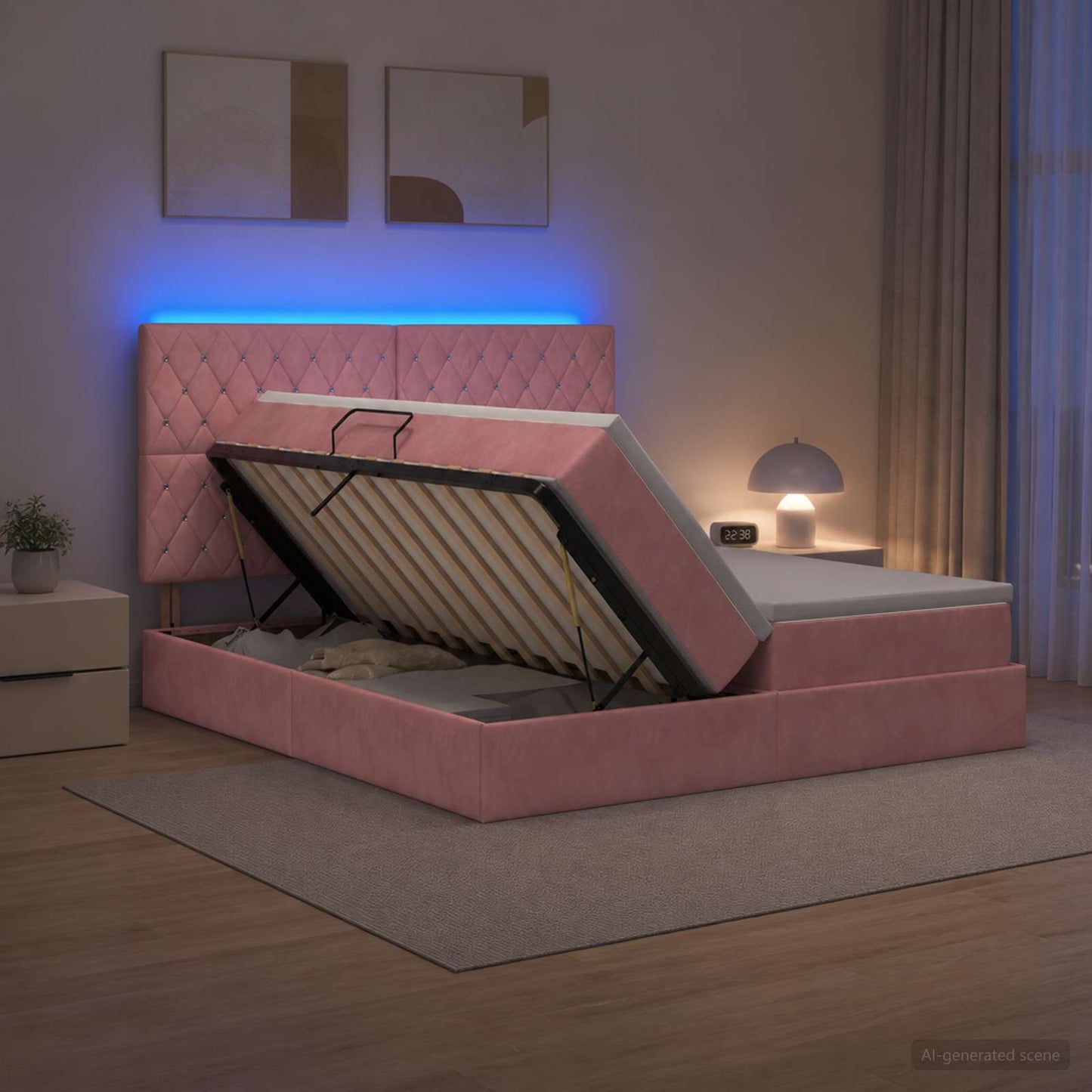 vidaXL LED Κρεβάτι αποθήκευσης με στρώμα Ροζ 200 x 200 cm Βελούδο