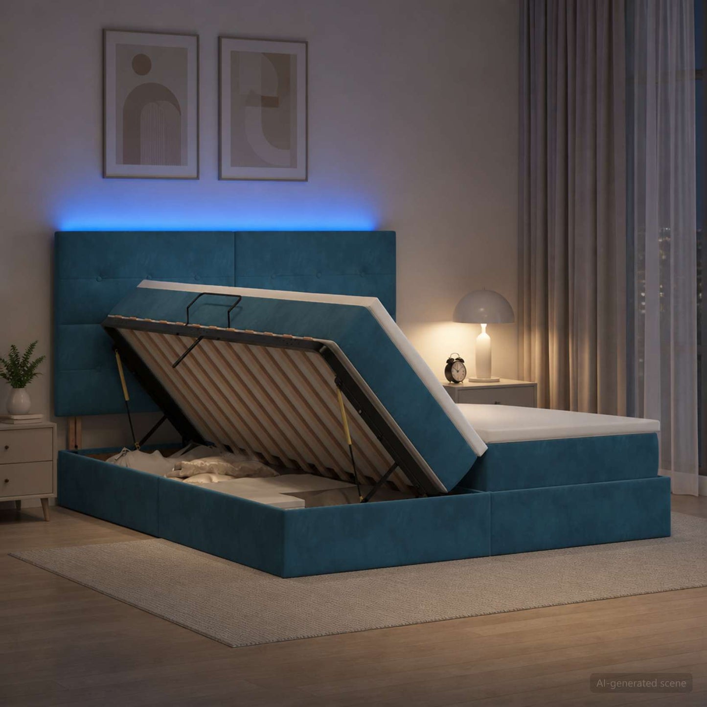 vidaXL LED Κρεβάτι αποθήκευσης με στρώμα Σκούρο Μπλε 200 x 200 cm