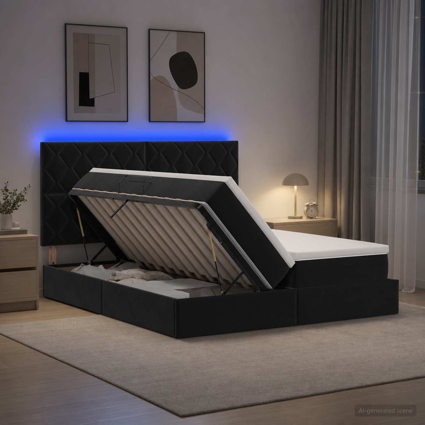 vidaXL LED Κρεβάτι αποθήκευσης με στρώμα Μαύρο 200 x 200 cm Βελούδο