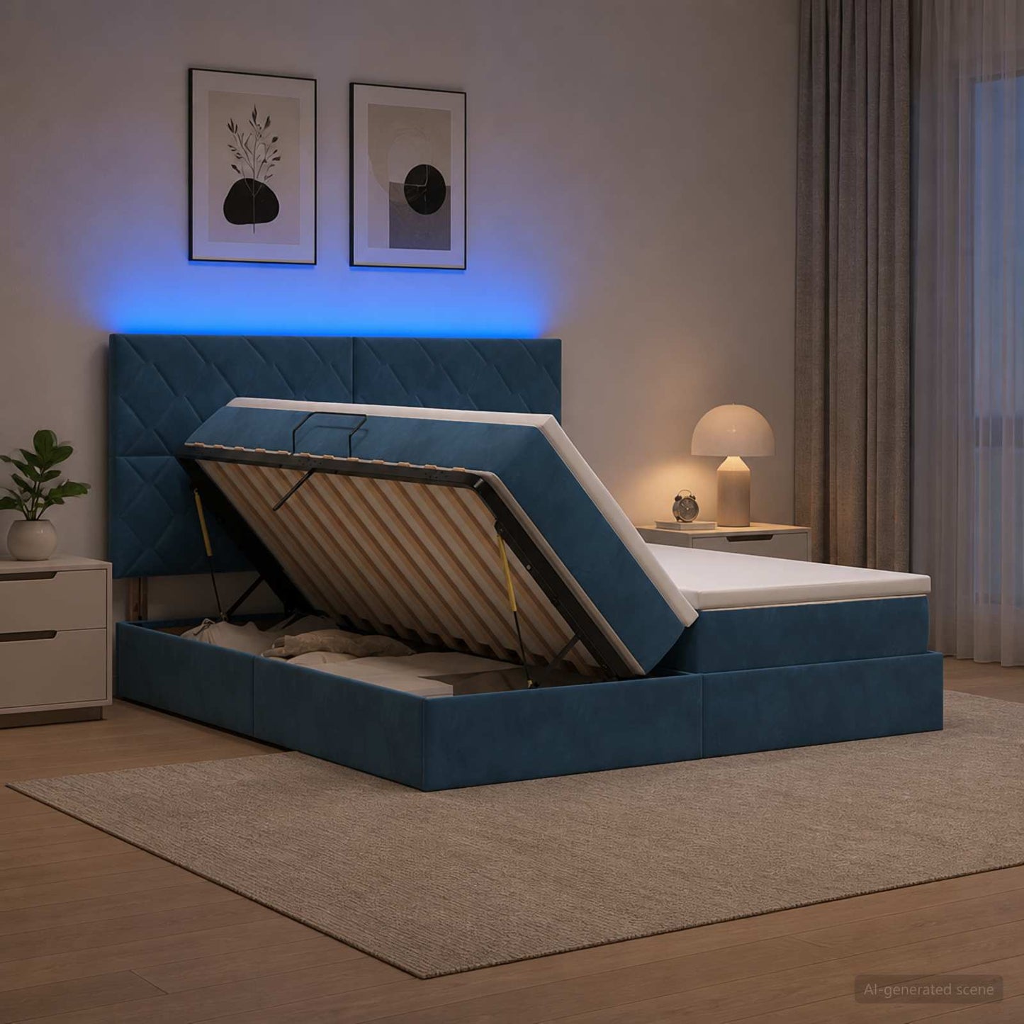vidaXL LED Κρεβάτι αποθήκευσης με στρώμα Σκούρο Μπλε 200 x 200 cm