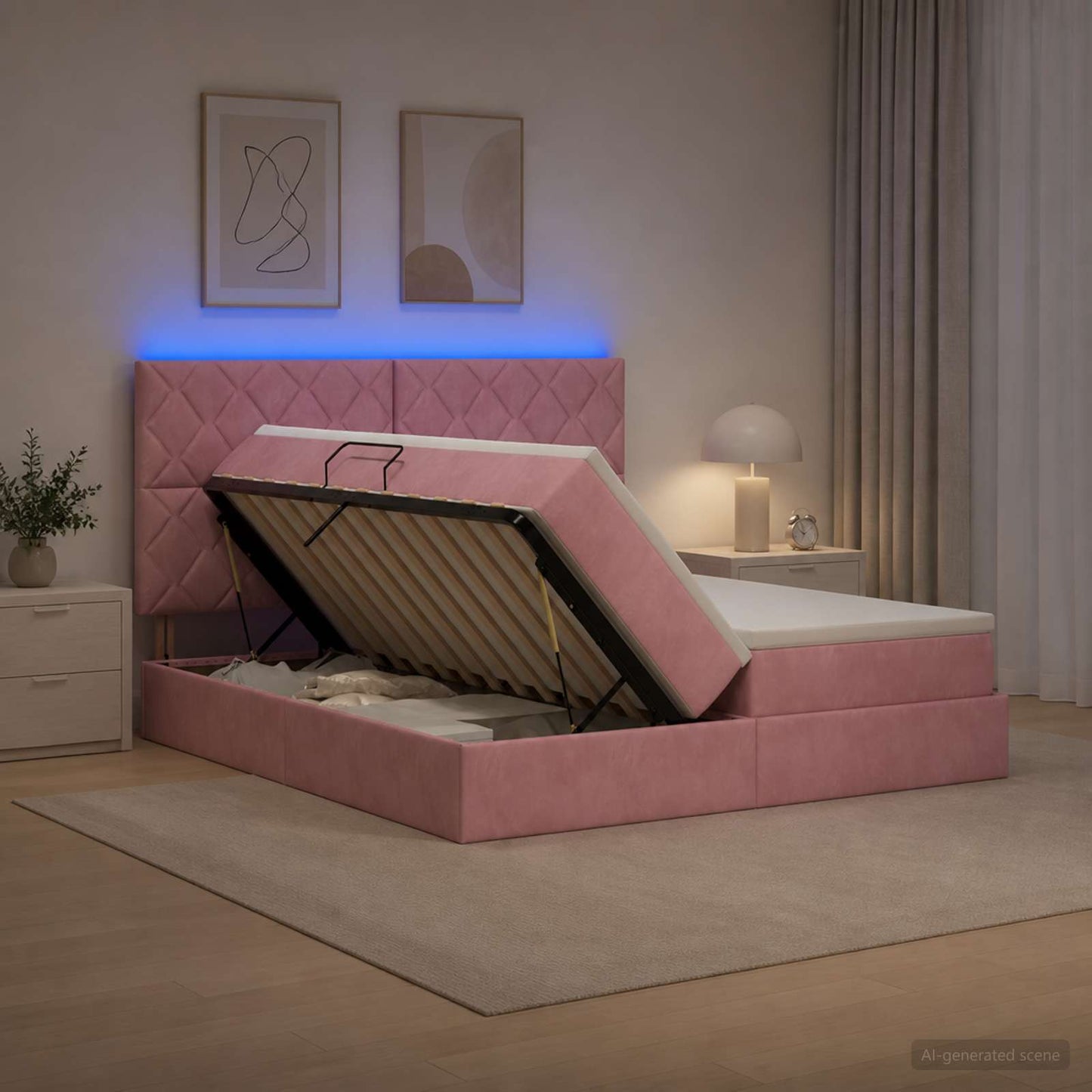 vidaXL LED Κρεβάτι αποθήκευσης με στρώμα Ροζ 180 x 200 cm Βελούδο