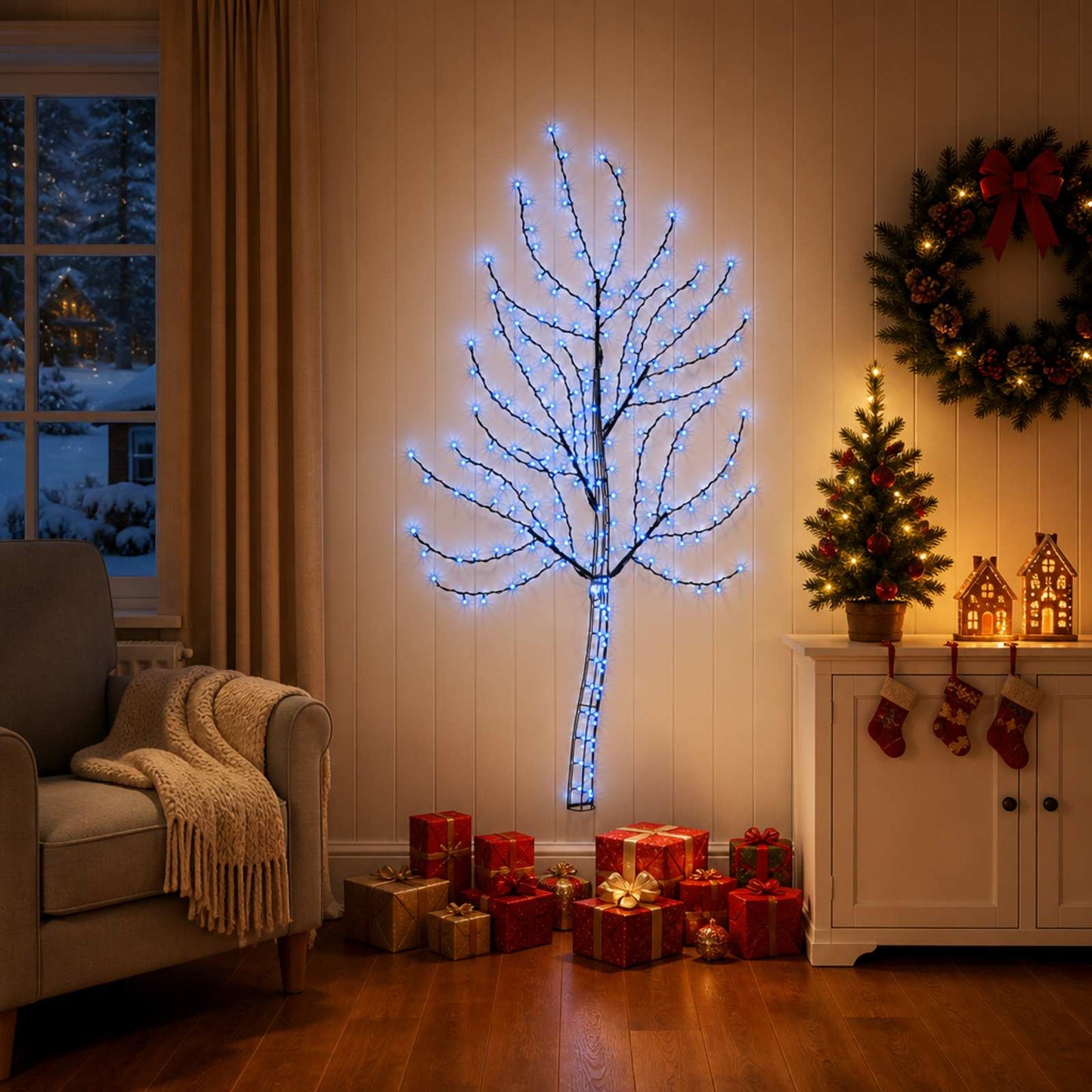 vidaXL LED χριστουγεννιάτικο δέντρο τοίχου 150 εκ. 140 LED Μπλε Ατσάλι