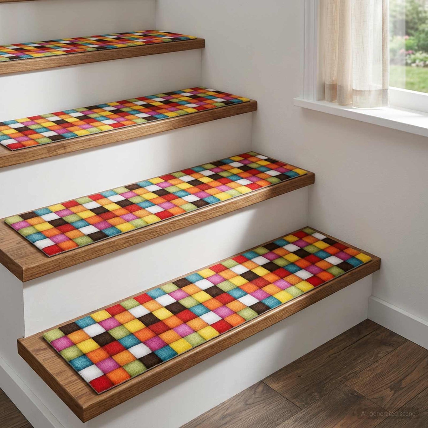 vidaXL Πατάκια σκάλας 15 τμχ. 76 x 20 cm Πολύχρωμο μοτίβο μπλοκ