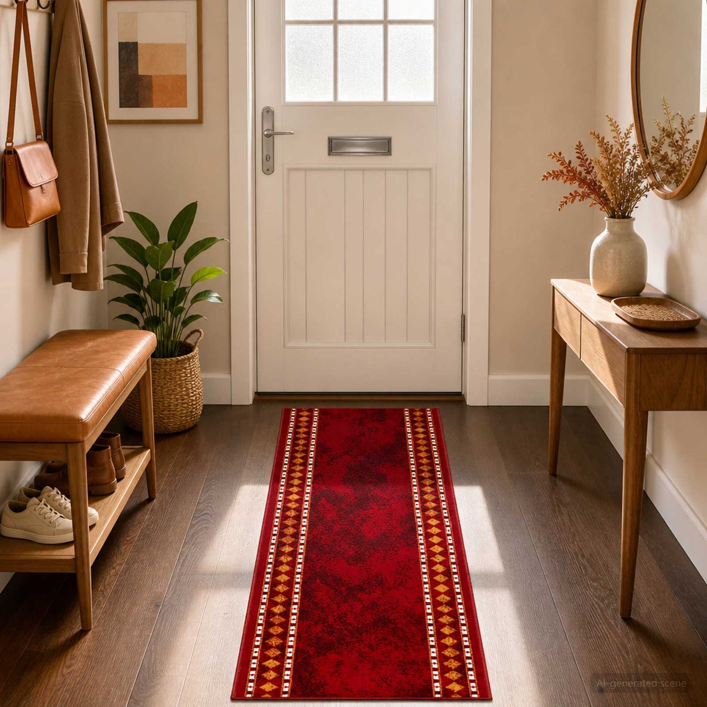 vidaXL Δερμάτινο Χαλί FLORNES Υφαντό Κόκκινο Διαμάντια 67 x 150 cm PP